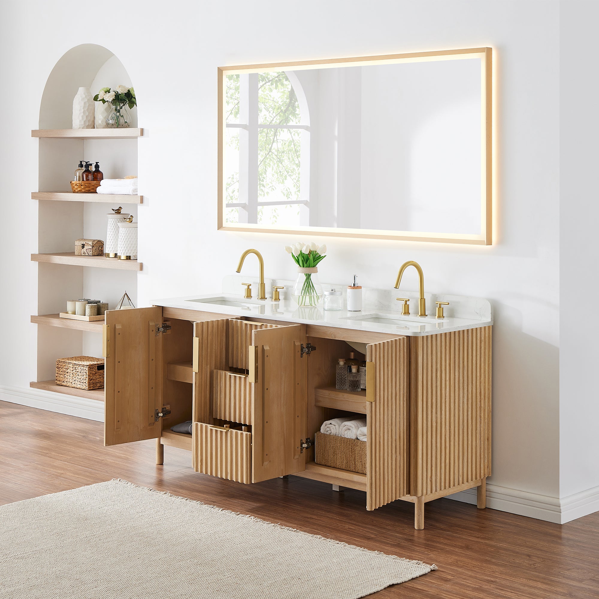 Sierra 72" Double Bathroom Vanity in Light Brown with Engineered Stone Countertop