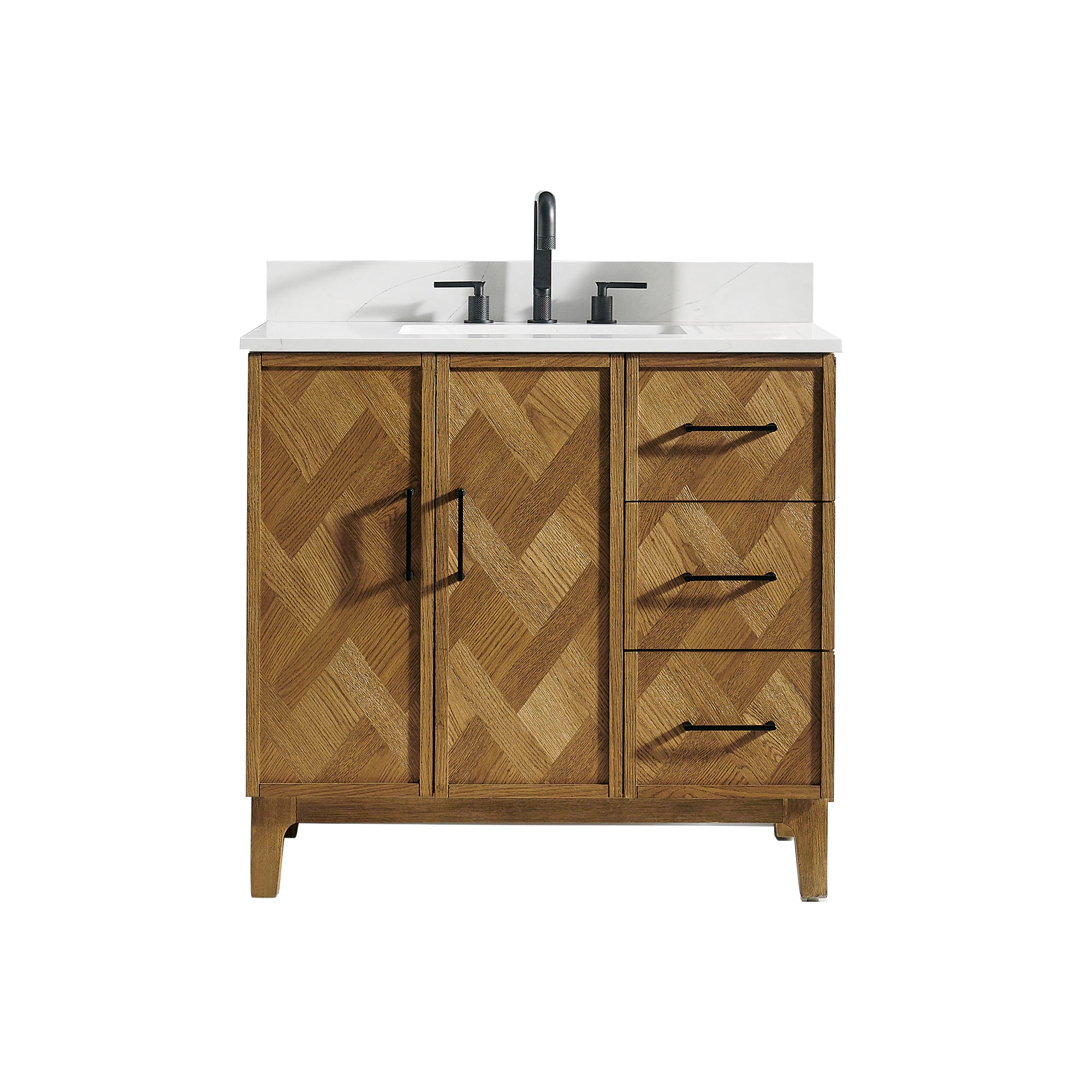 Clara Bathroom Vanity in Weathered Brown with Calacatta Truffle White Quartz Countertop No Mirror