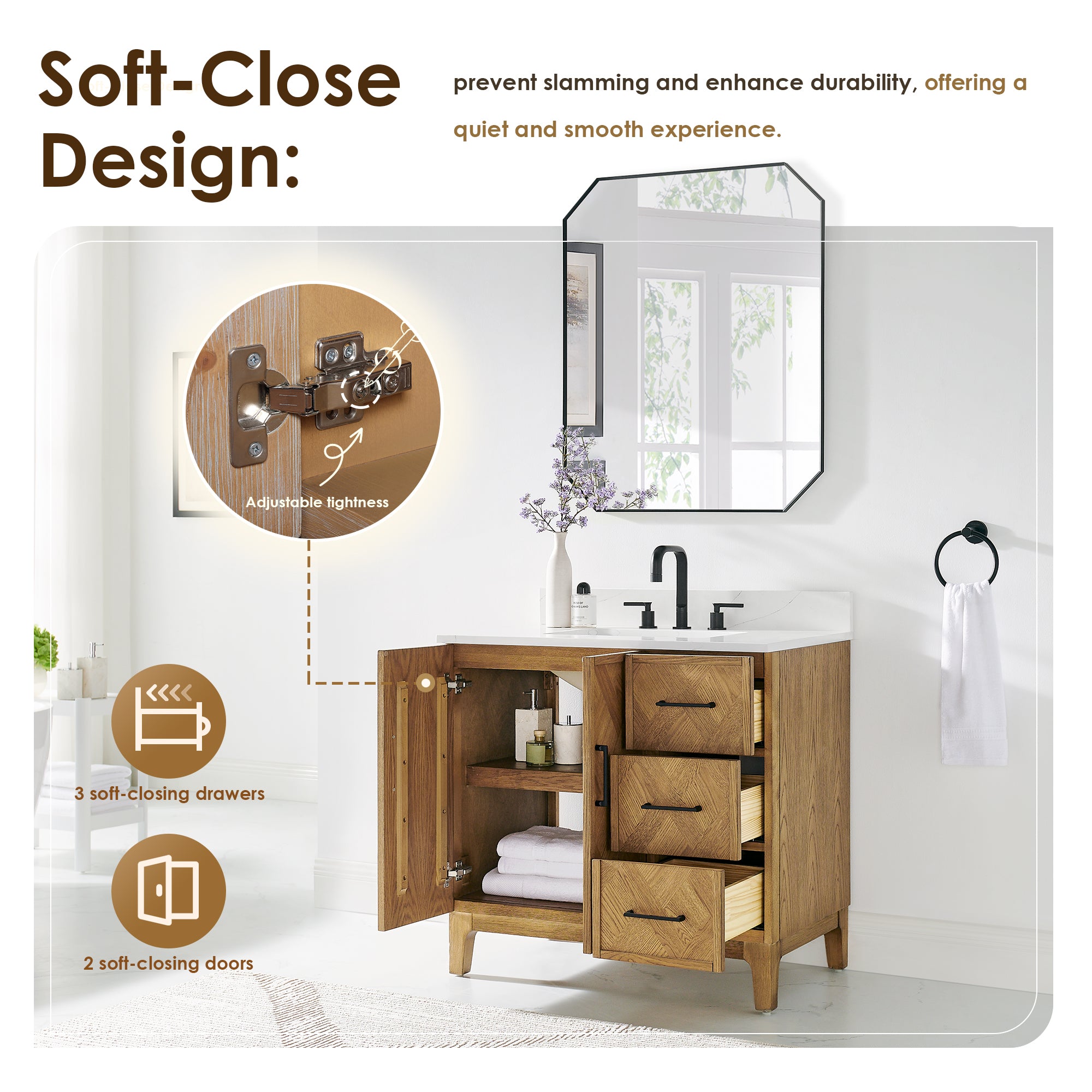 Clara Bathroom Vanity in Weathered Brown with Calacatta Truffle White Quartz Countertop No Mirror