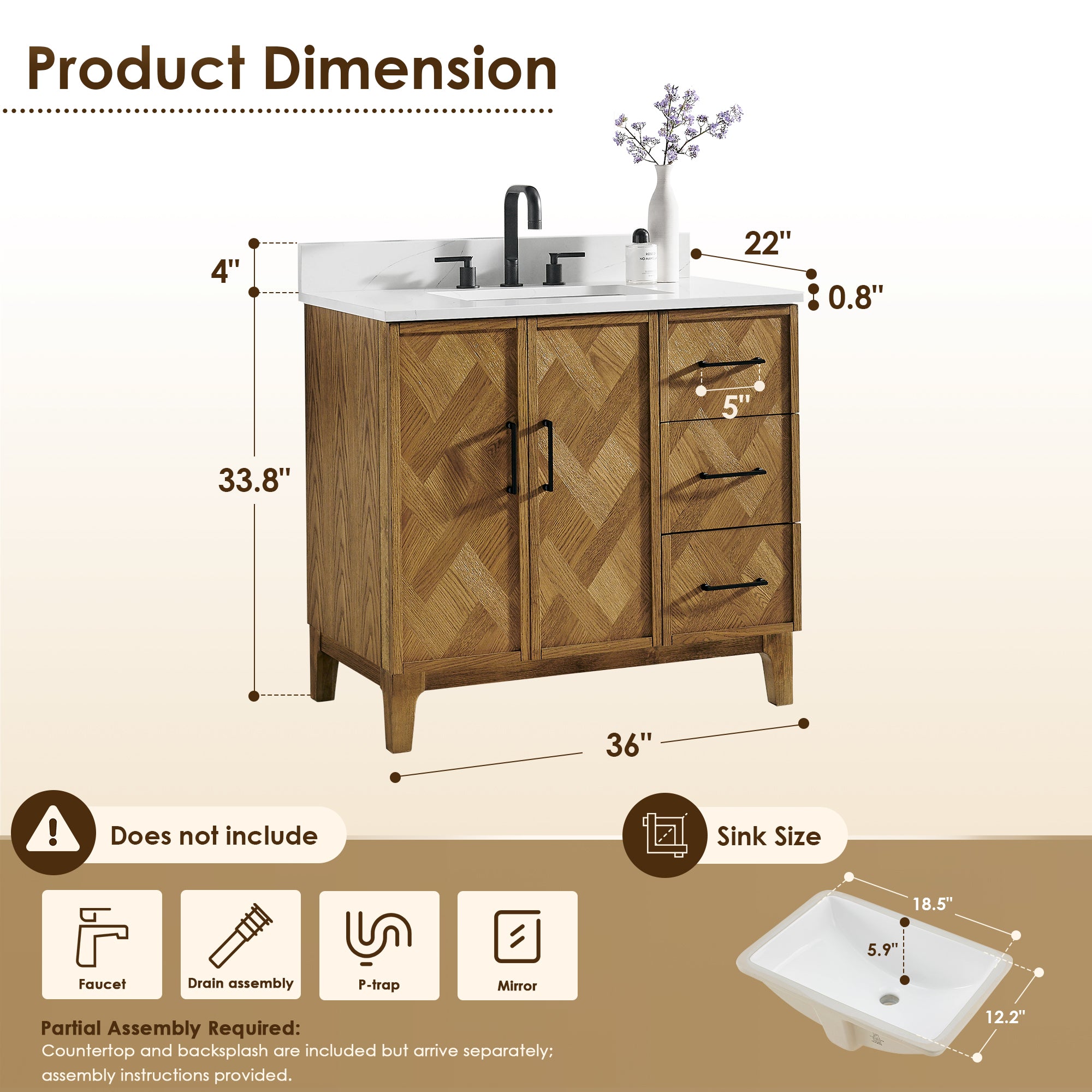 Clara Bathroom Vanity in Weathered Brown with Calacatta Truffle White Quartz Countertop No Mirror