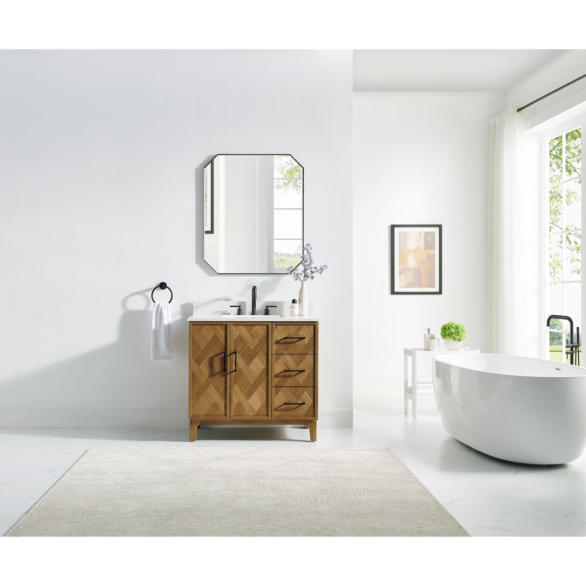 Clara Bathroom Vanity in Weathered Brown with Calacatta Truffle White Quartz Countertop No Mirror