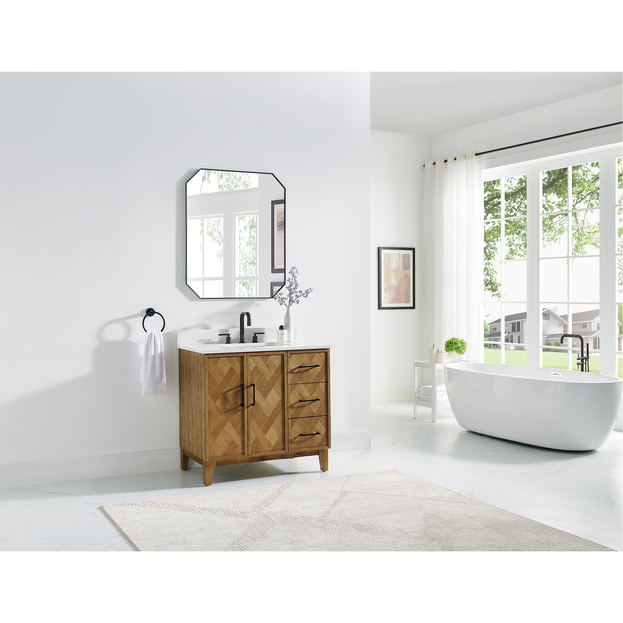 Clara Bathroom Vanity in Weathered Brown with Calacatta Truffle White Quartz Countertop No Mirror