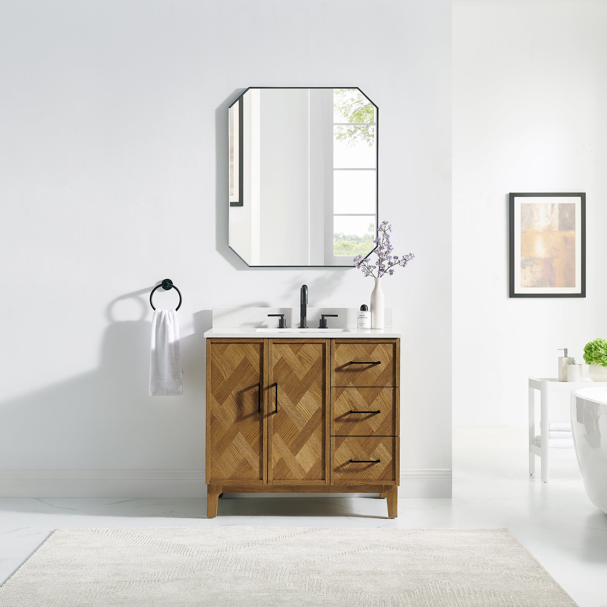 Clara Bathroom Vanity in Weathered Brown with Calacatta Truffle White Quartz Countertop No Mirror