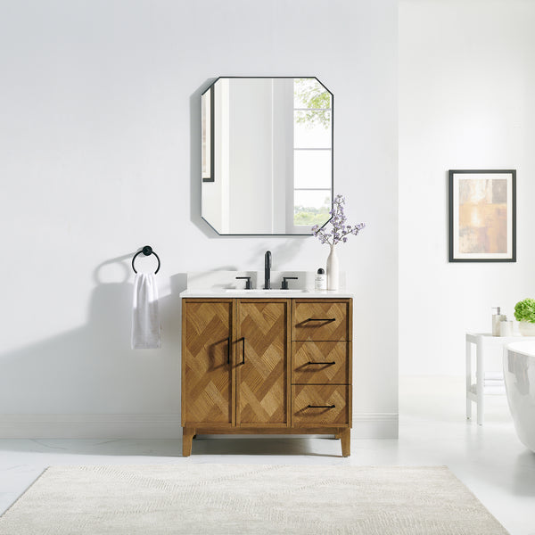Clara Bathroom Vanity in Weathered Brown with Calacatta Truffle White Quartz Countertop No Mirror