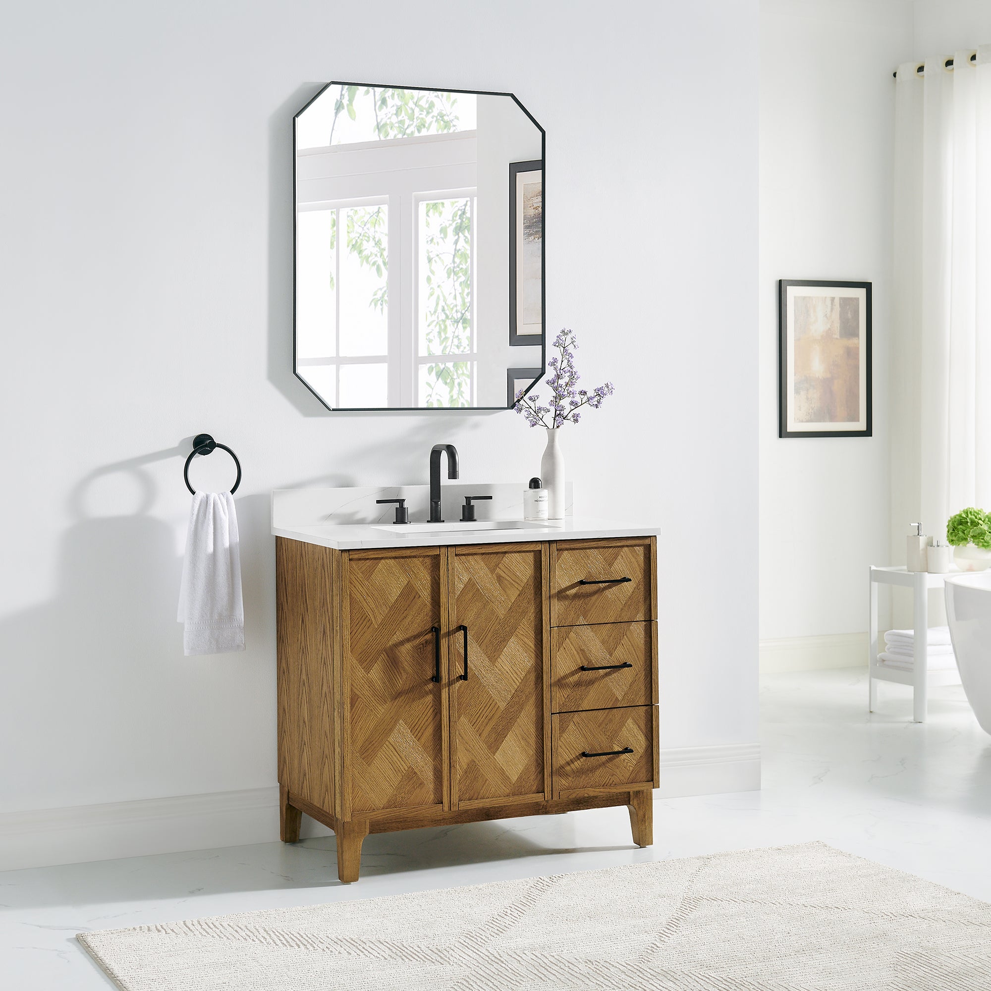 Clara Bathroom Vanity in Weathered Brown with Calacatta Truffle White Quartz Countertop No Mirror