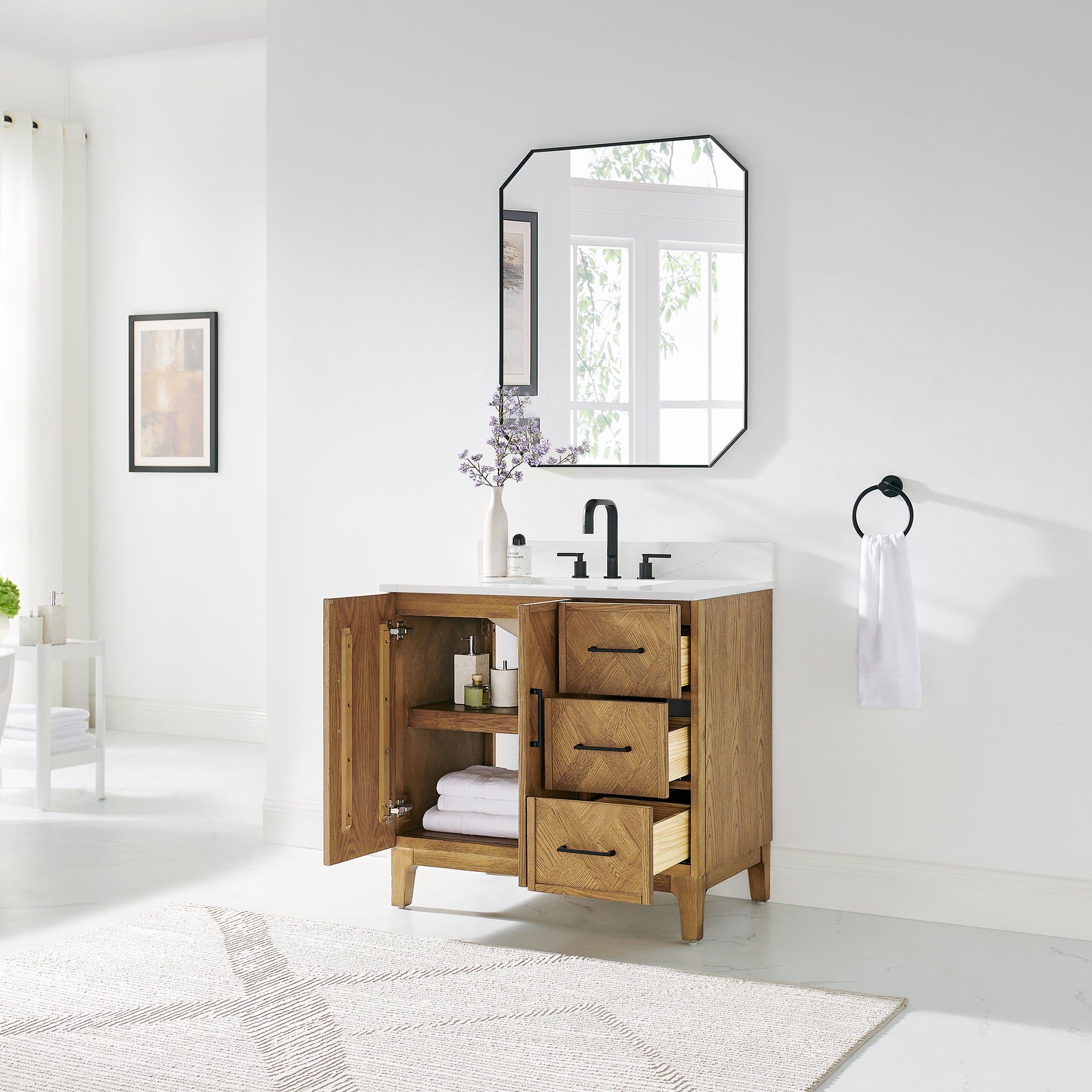 Clara Bathroom Vanity in Weathered Brown with Calacatta Truffle White Quartz Countertop No Mirror