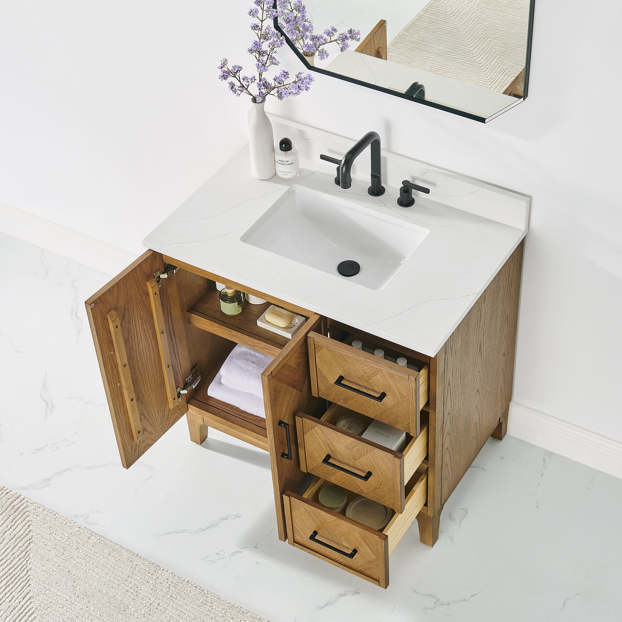Clara Bathroom Vanity in Weathered Brown with Calacatta Truffle White Quartz Countertop No Mirror