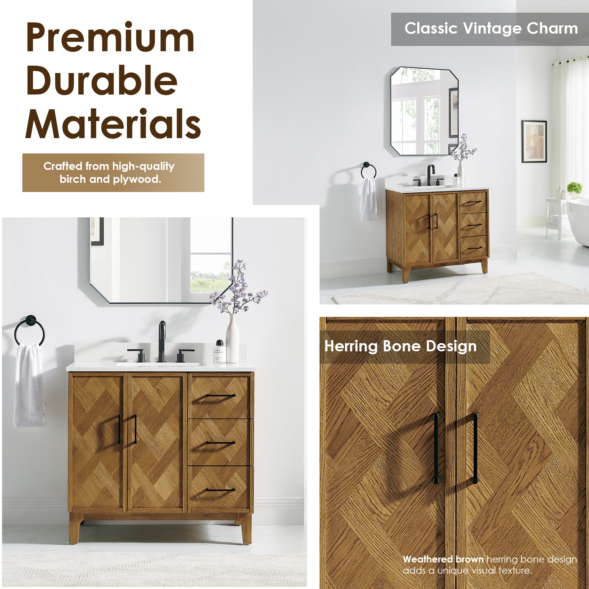 Clara Bathroom Vanity in Weathered Brown with Calacatta Truffle White Quartz Countertop No Mirror