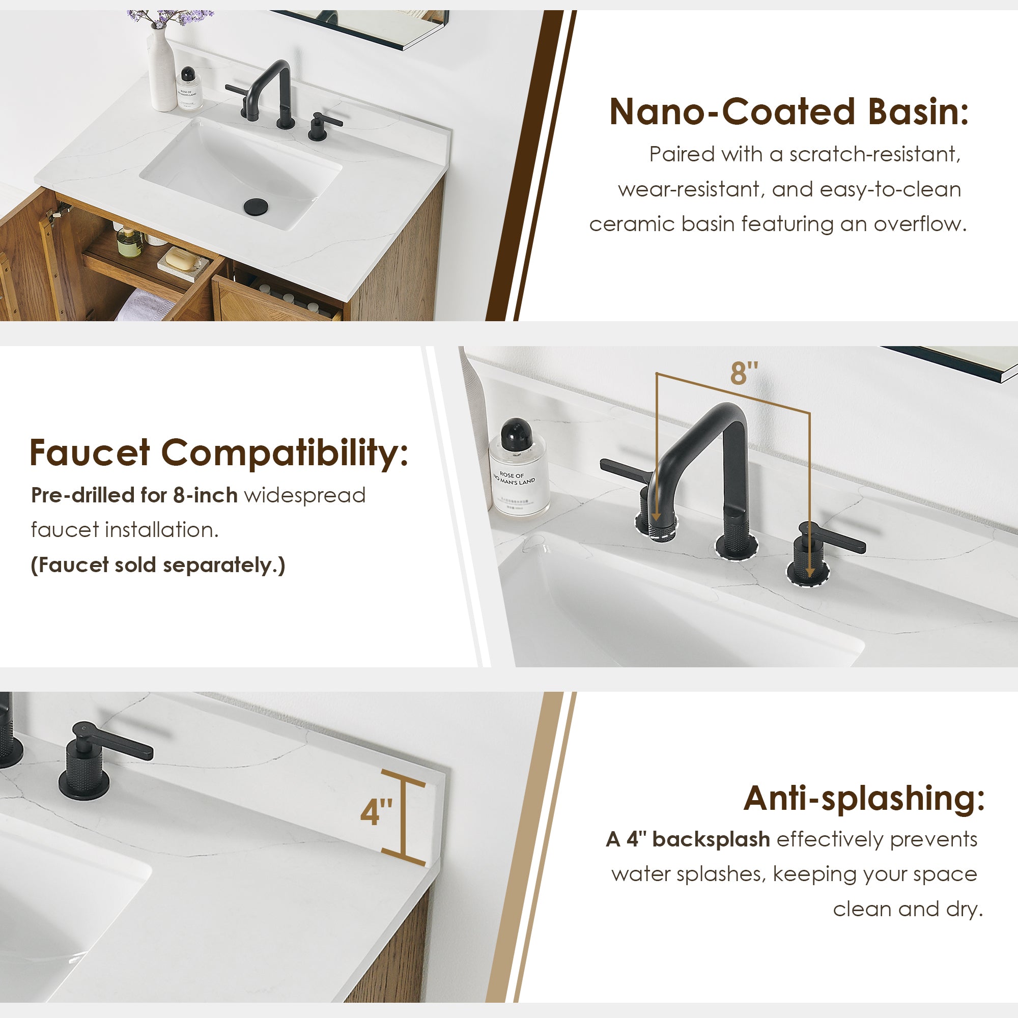 Clara Bathroom Vanity in Weathered Brown with Calacatta Truffle White Quartz Countertop No Mirror