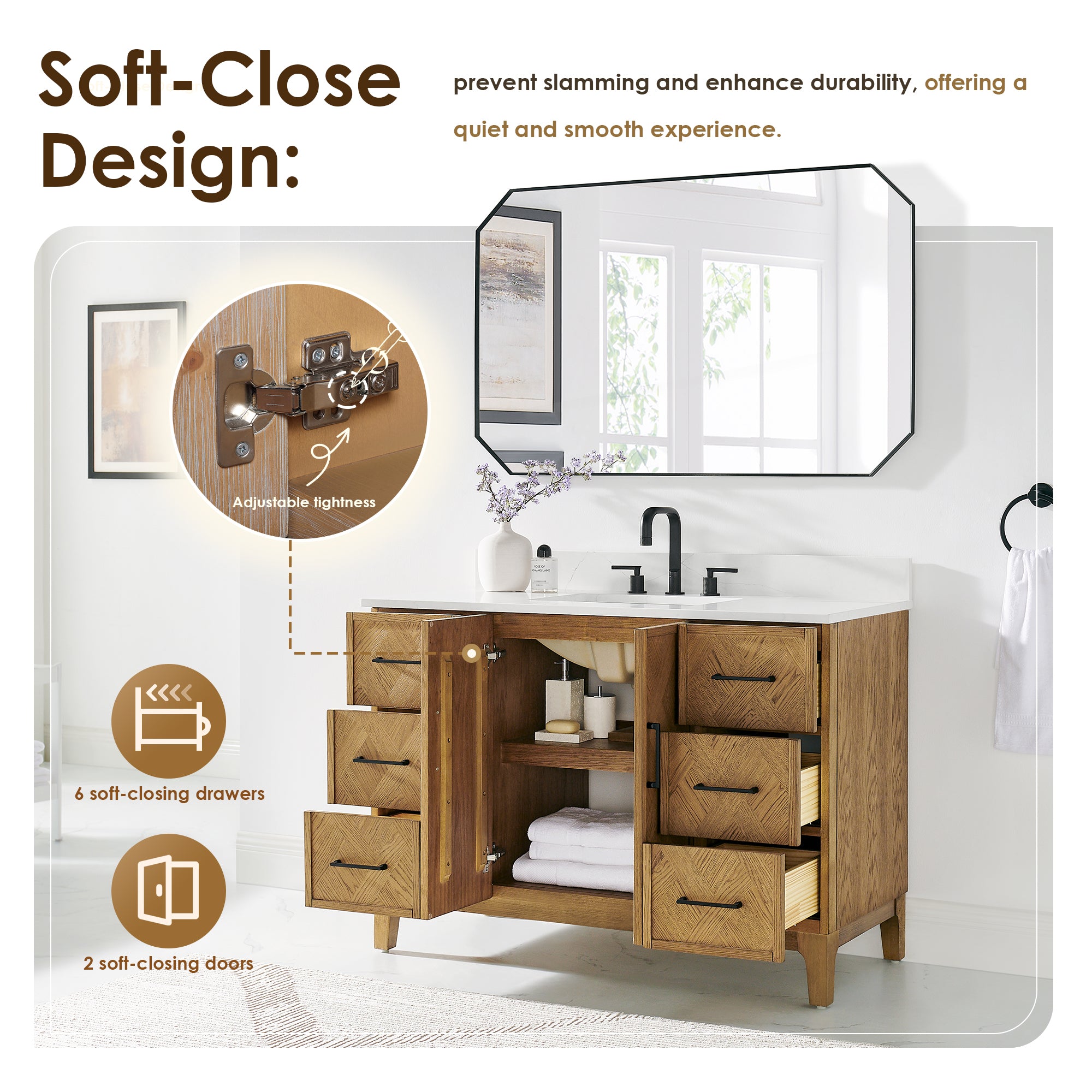 Clara Bathroom Vanity in Weathered Brown with Calacatta Truffle White Quartz Countertop No Mirror