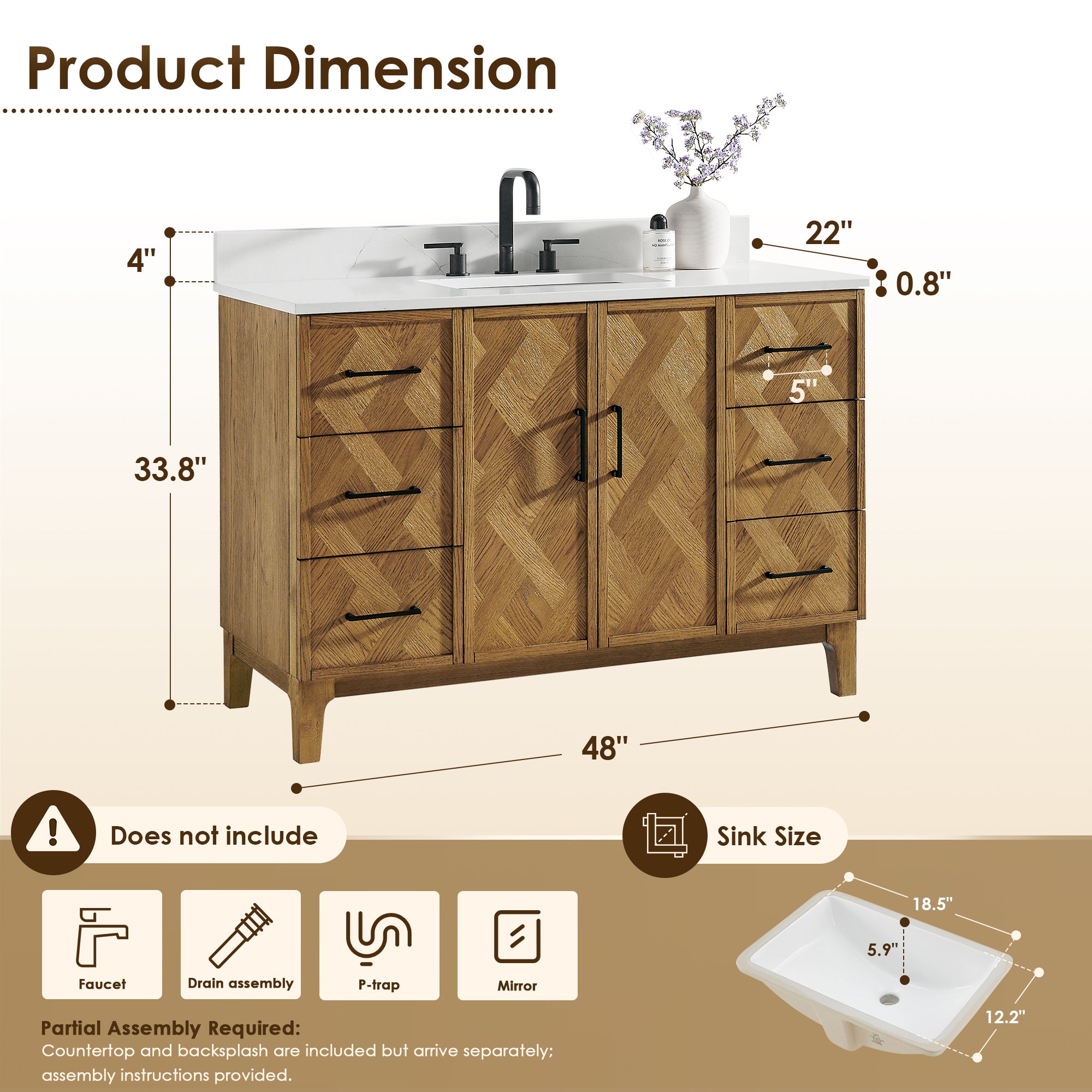Clara Bathroom Vanity in Weathered Brown with Calacatta Truffle White Quartz Countertop No Mirror
