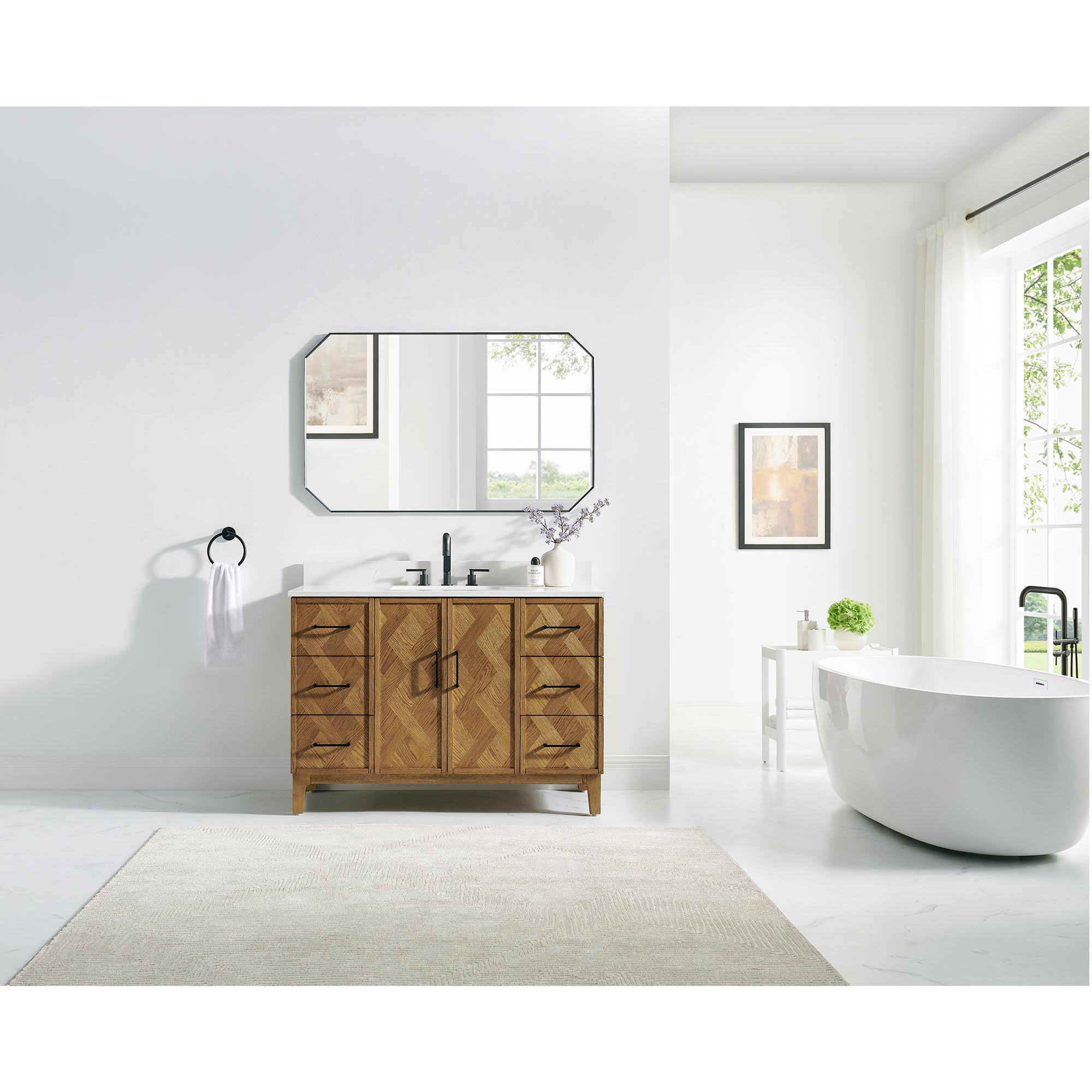 Clara Bathroom Vanity in Weathered Brown with Calacatta Truffle White Quartz Countertop No Mirror