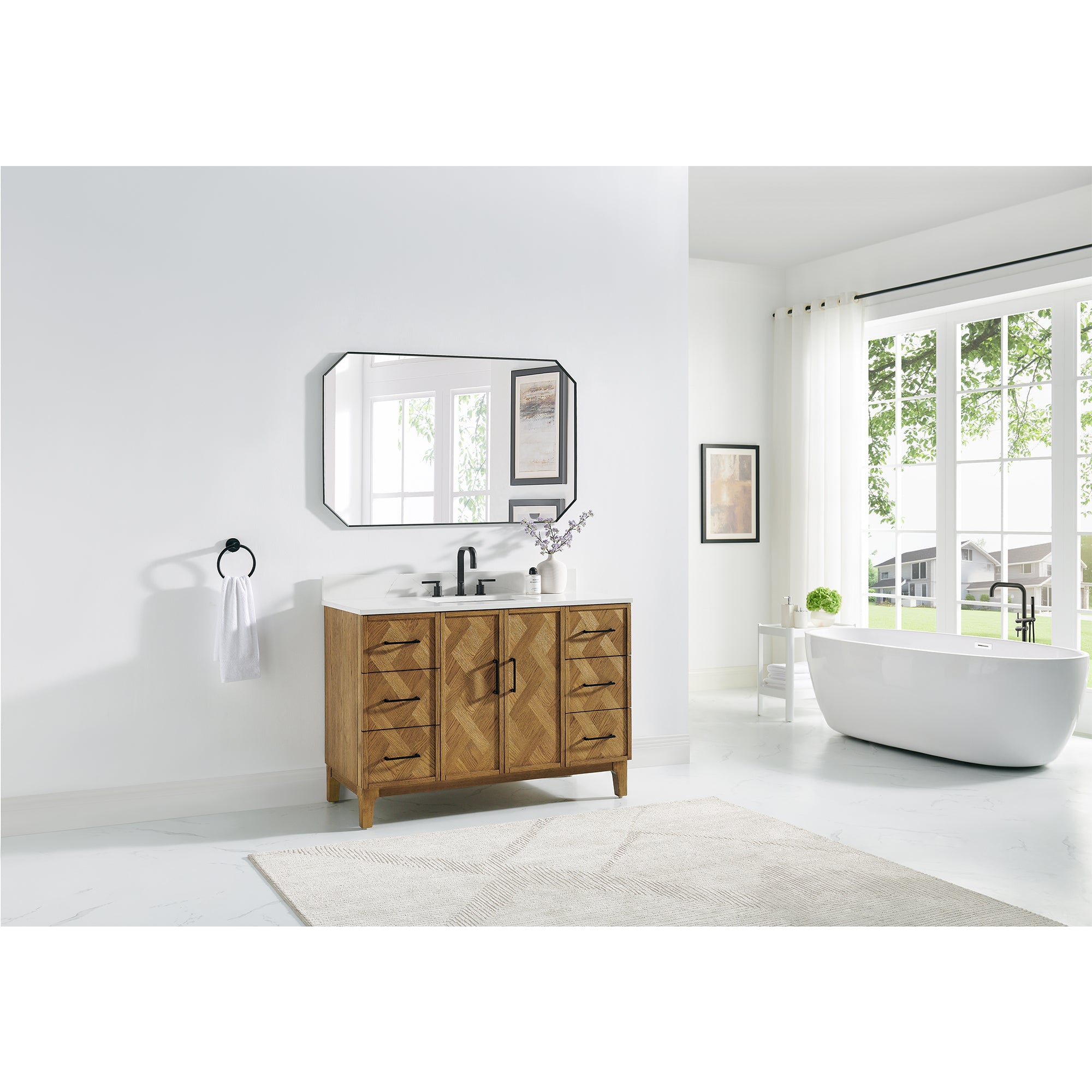 Clara Bathroom Vanity in Weathered Brown with Calacatta Truffle White Quartz Countertop No Mirror