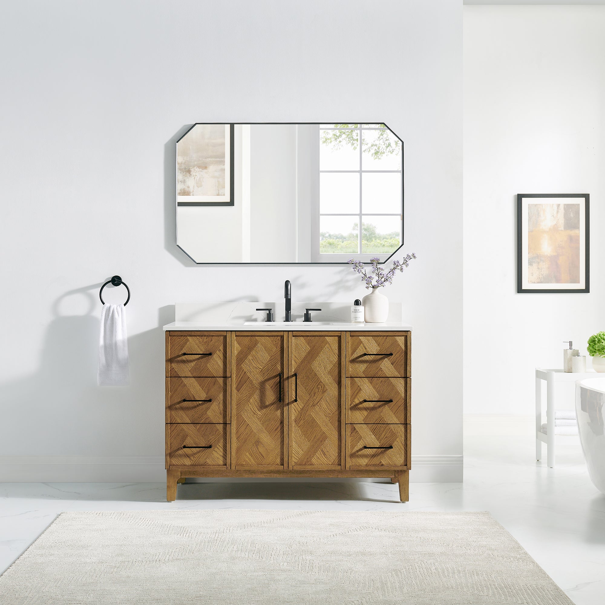 Clara Bathroom Vanity in Weathered Brown with Calacatta Truffle White Quartz Countertop No Mirror