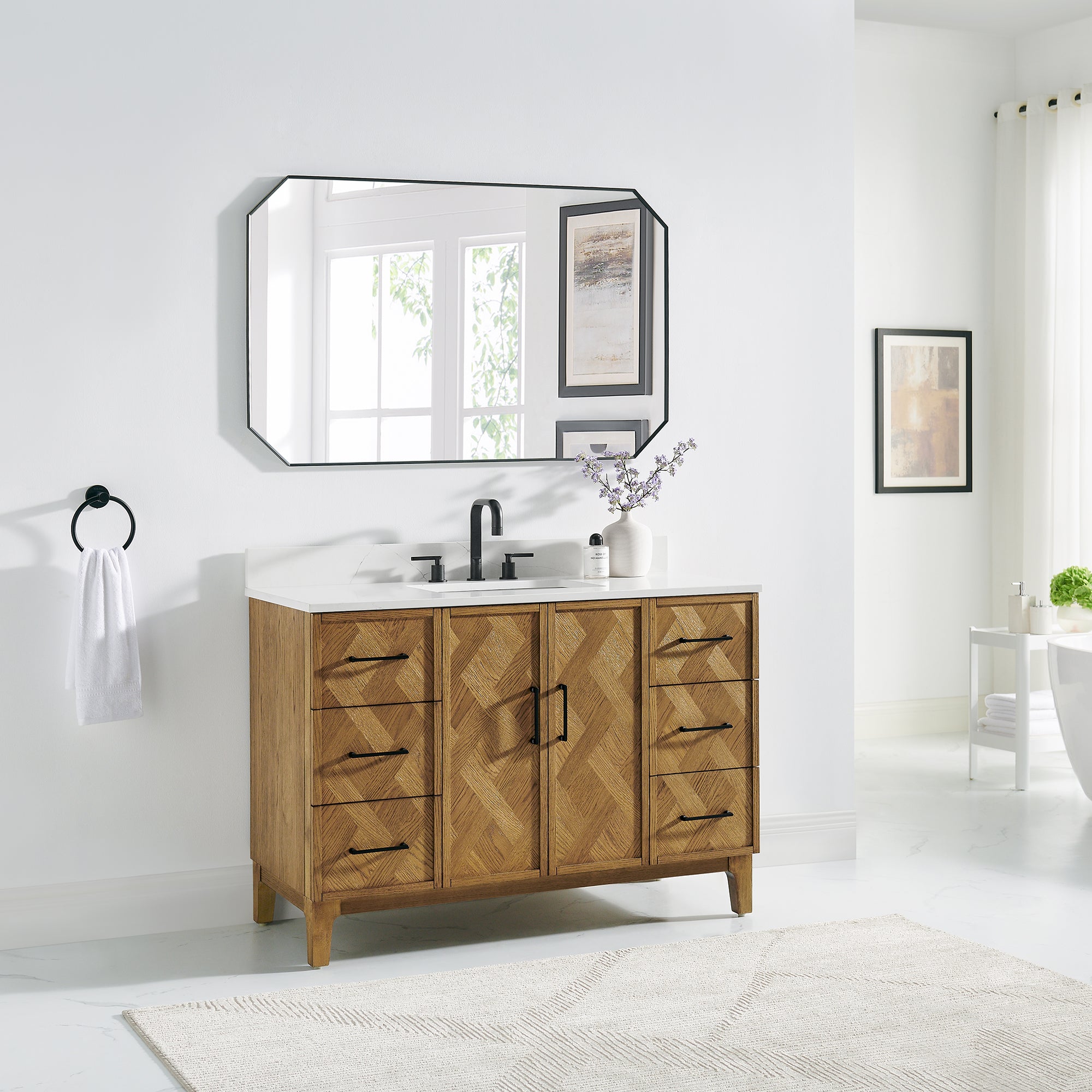 Clara Bathroom Vanity in Weathered Brown with Calacatta Truffle White Quartz Countertop No Mirror