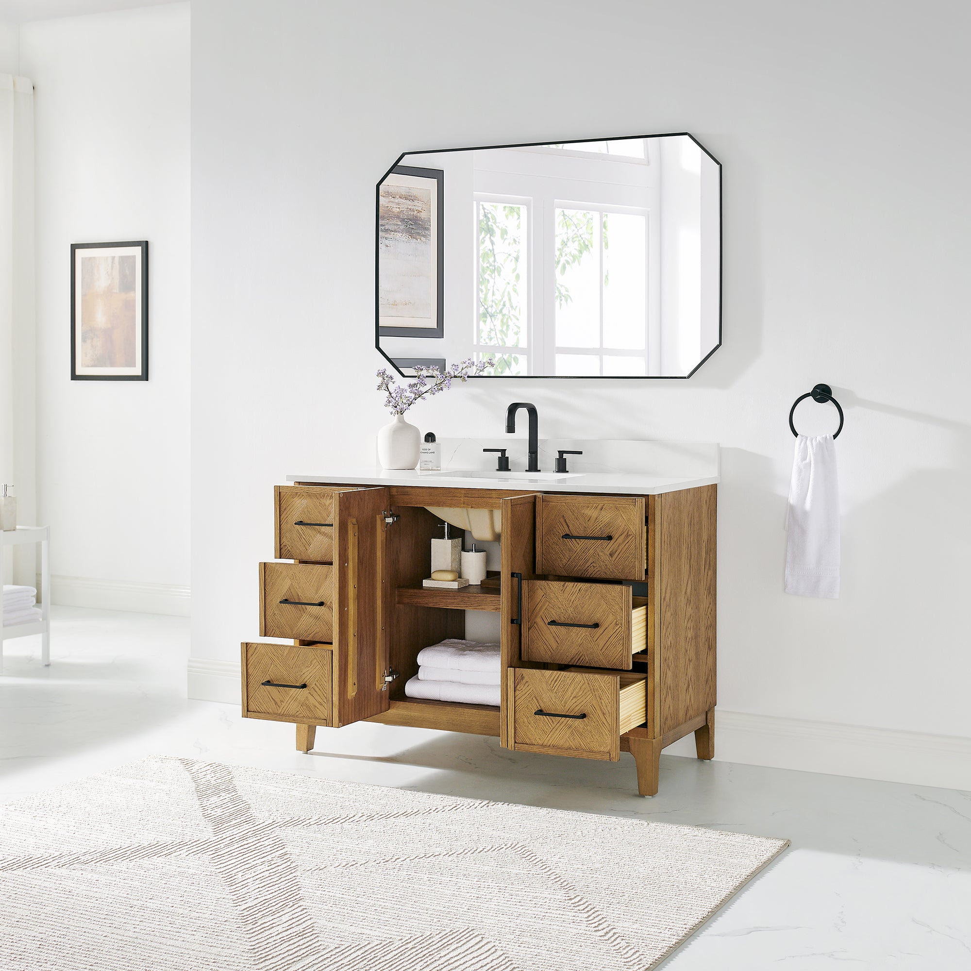 Clara Bathroom Vanity in Weathered Brown with Calacatta Truffle White Quartz Countertop No Mirror