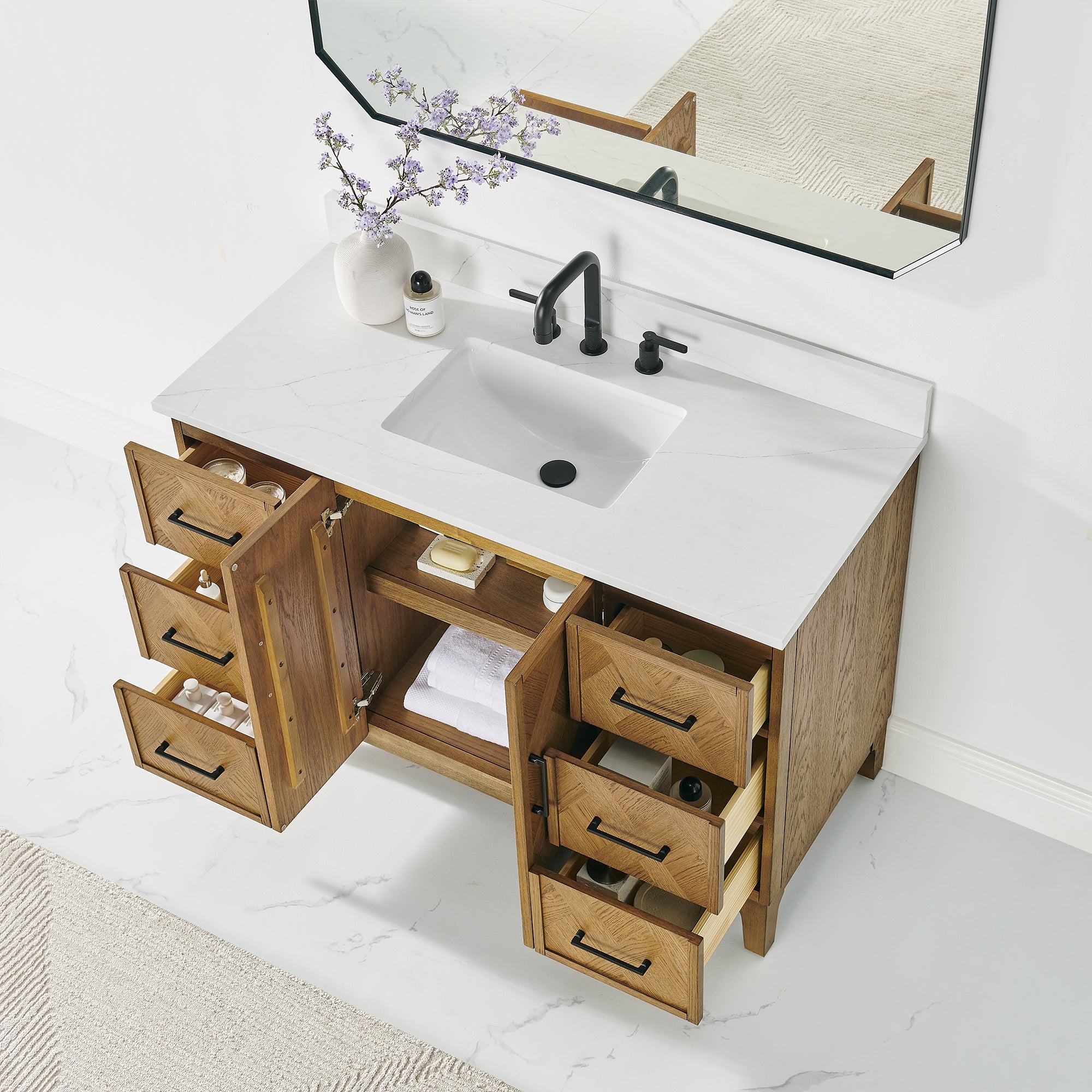 Clara Bathroom Vanity in Weathered Brown with Calacatta Truffle White Quartz Countertop No Mirror
