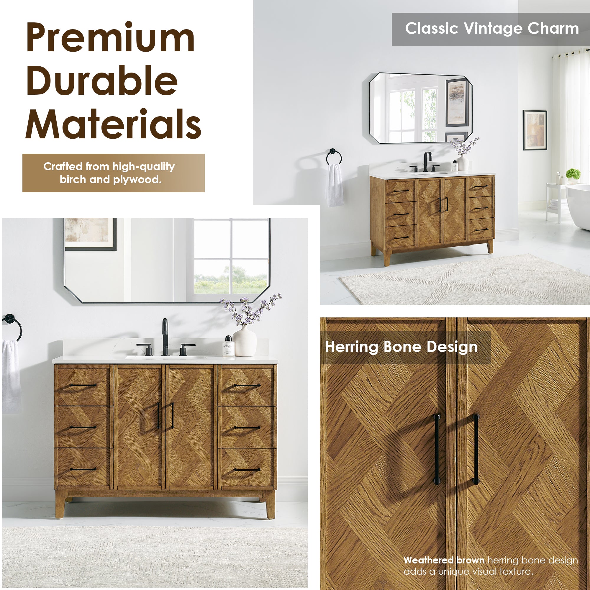 Clara Bathroom Vanity in Weathered Brown with Calacatta Truffle White Quartz Countertop No Mirror
