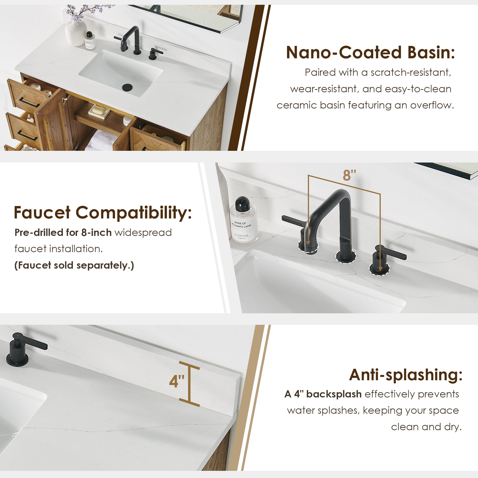 Clara Bathroom Vanity in Weathered Brown with Calacatta Truffle White Quartz Countertop No Mirror