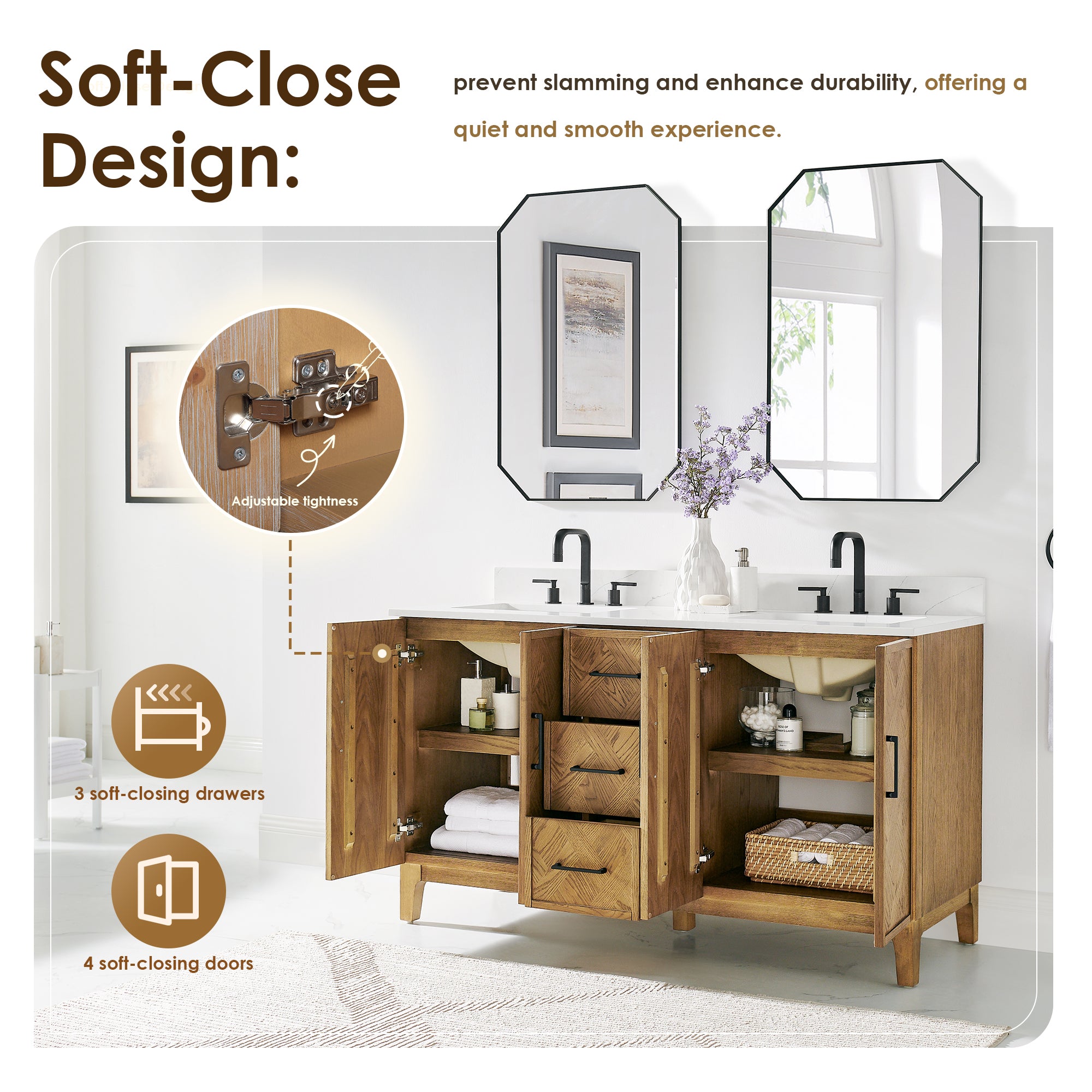 Clara Bathroom Vanity in Weathered Brown with Calacatta Truffle White Quartz Countertop No Mirror