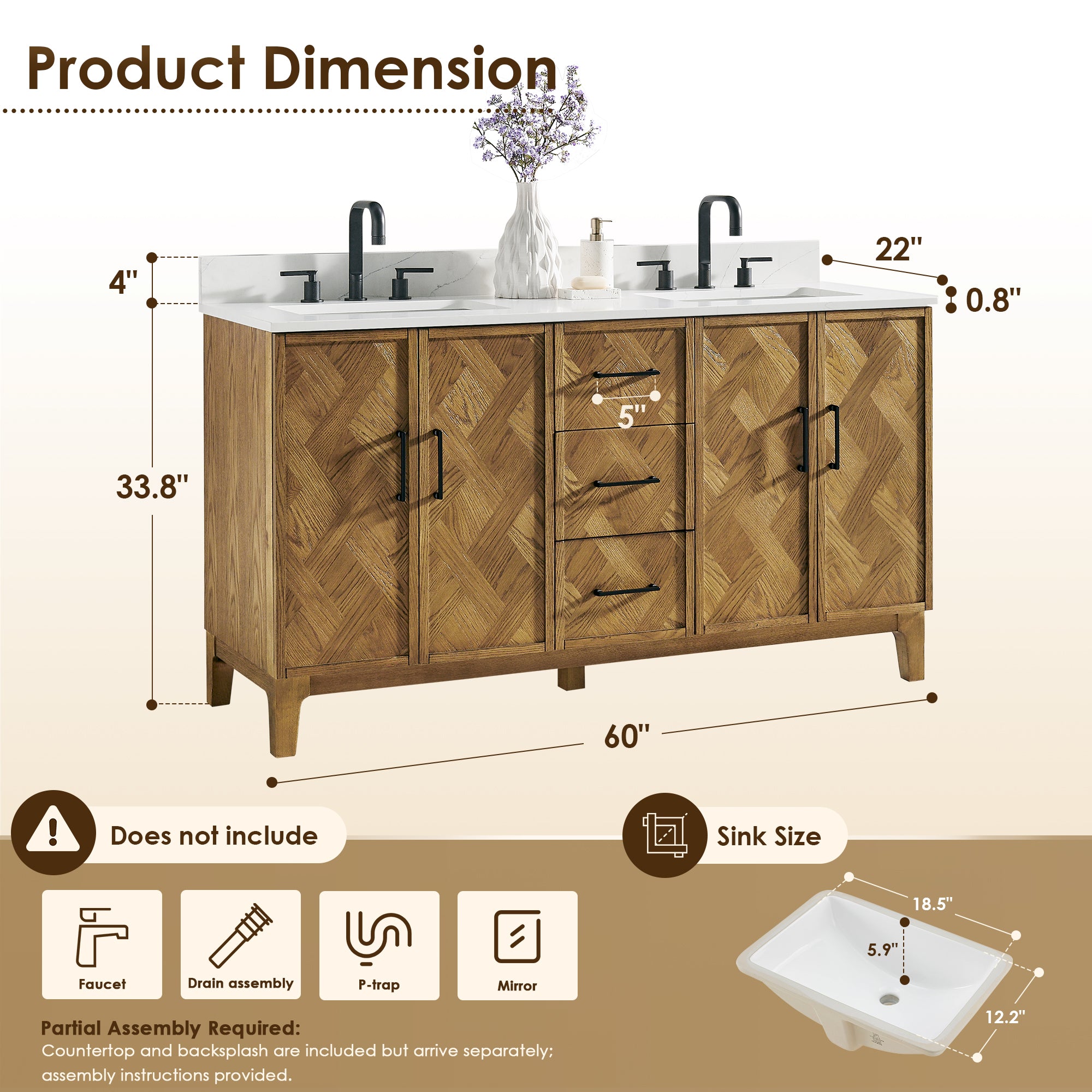 Clara Bathroom Vanity in Weathered Brown with Calacatta Truffle White Quartz Countertop No Mirror
