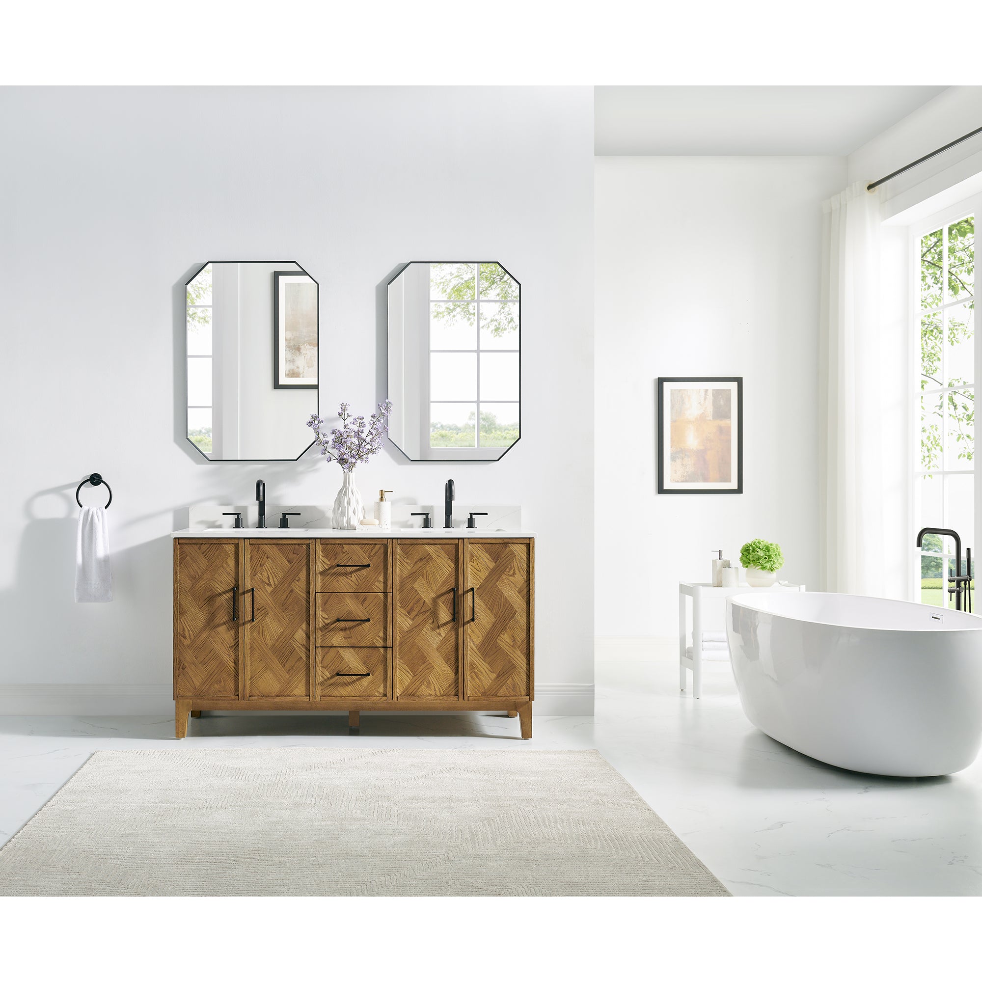 Clara Bathroom Vanity in Weathered Brown with Calacatta Truffle White Quartz Countertop No Mirror