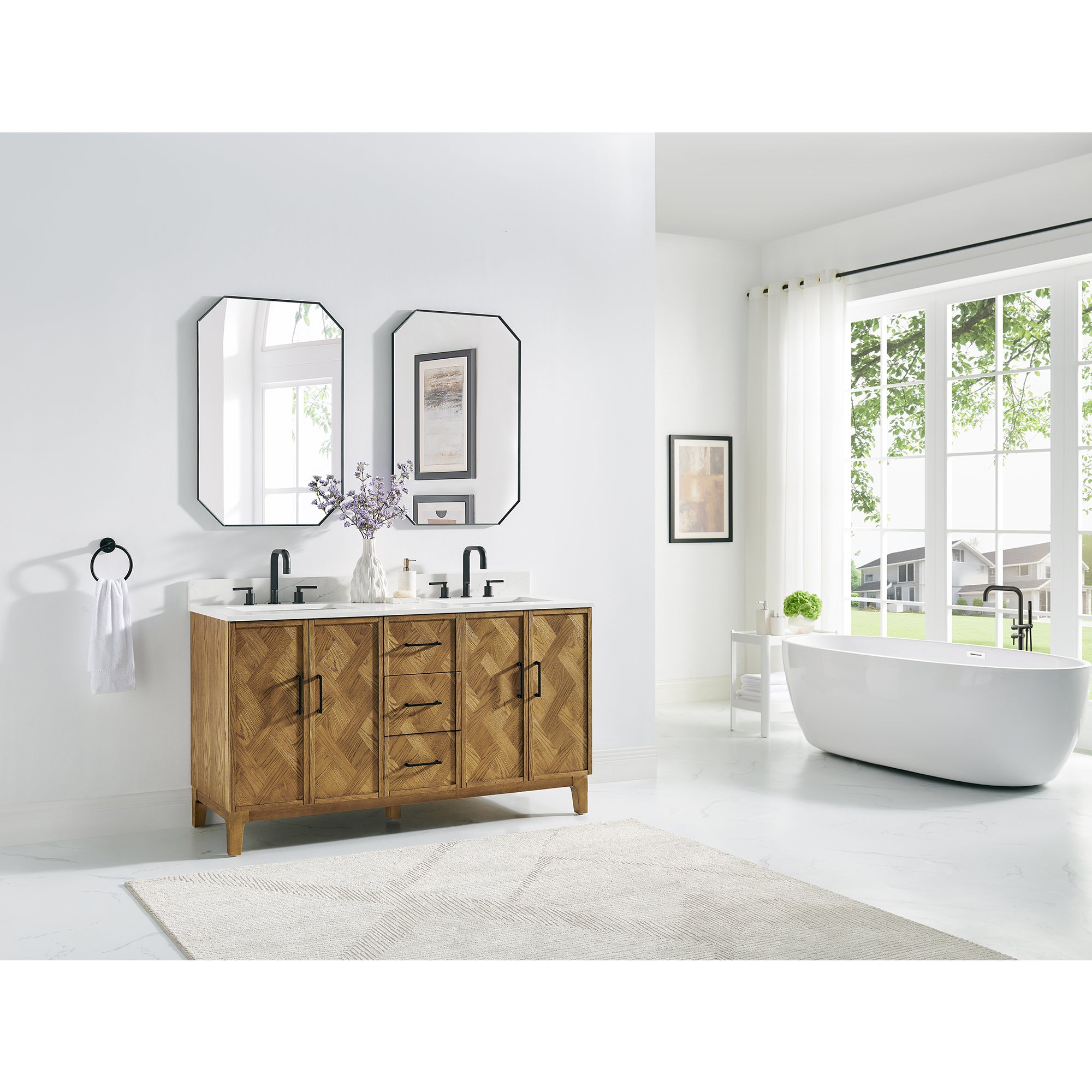 Clara Bathroom Vanity in Weathered Brown with Calacatta Truffle White Quartz Countertop No Mirror