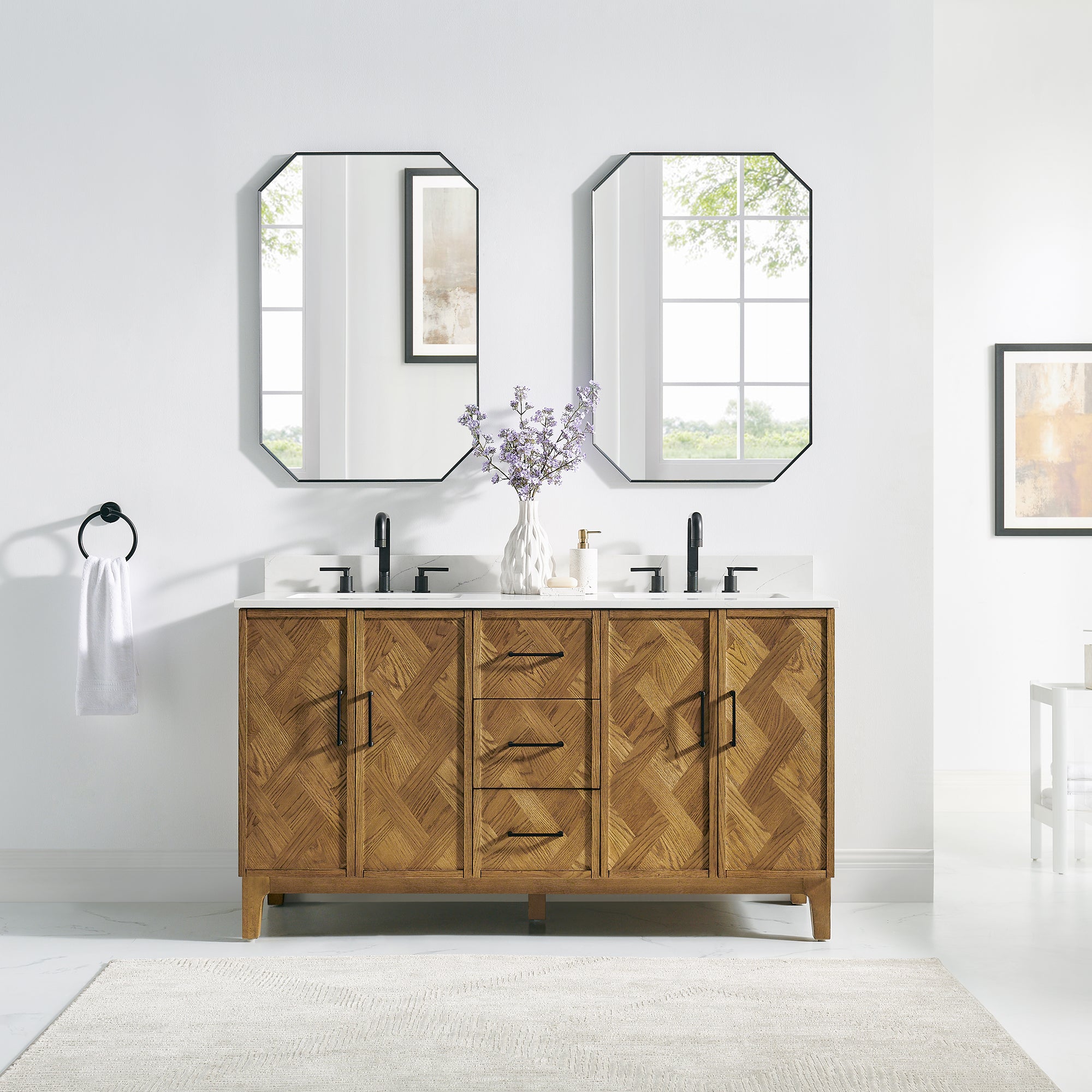 Clara Bathroom Vanity in Weathered Brown with Calacatta Truffle White Quartz Countertop No Mirror