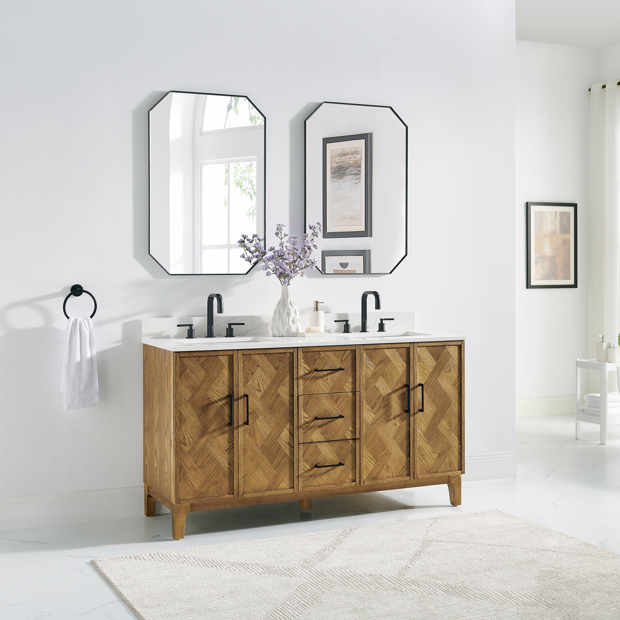 Clara Bathroom Vanity in Weathered Brown with Calacatta Truffle White Quartz Countertop No Mirror