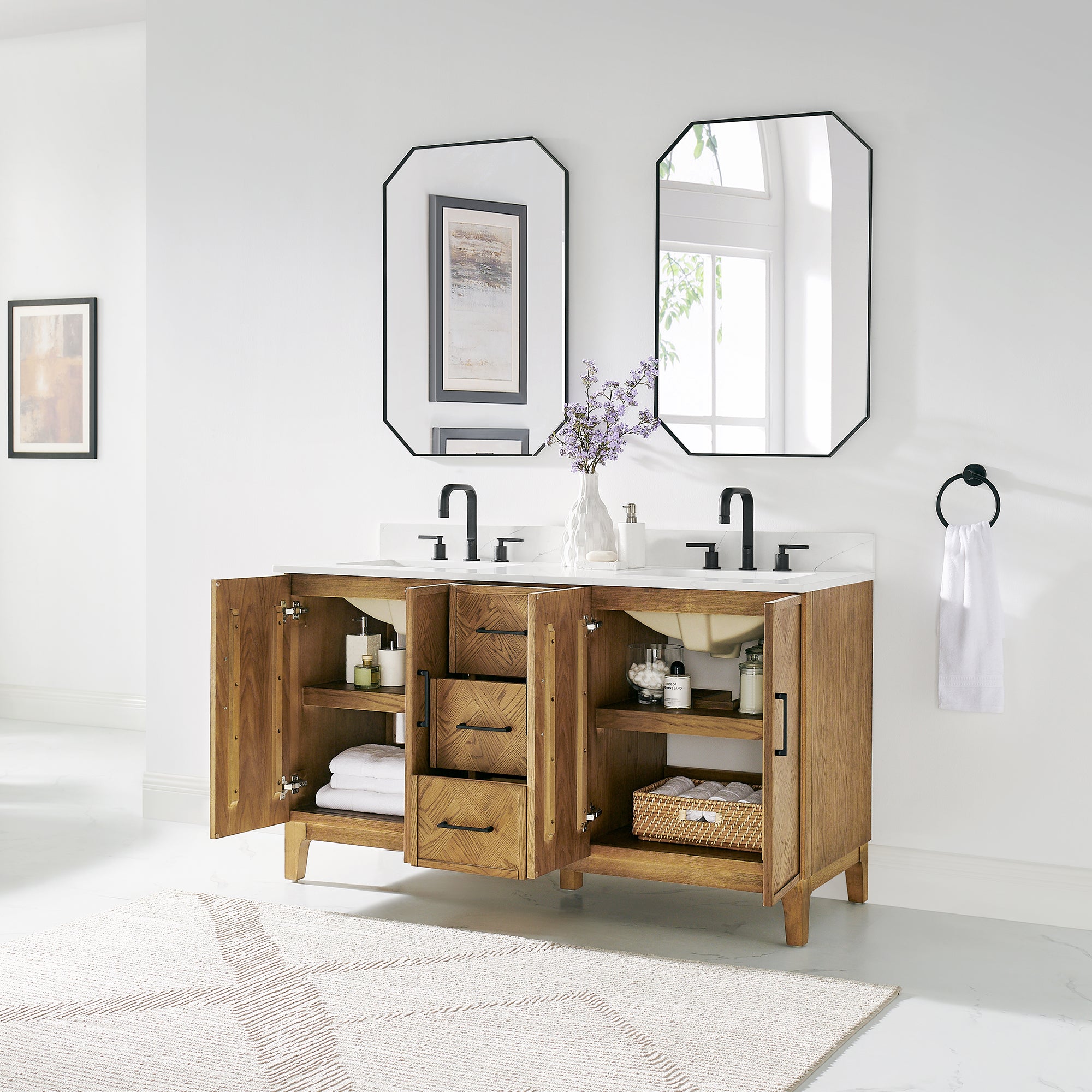 Clara Bathroom Vanity in Weathered Brown with Calacatta Truffle White Quartz Countertop No Mirror