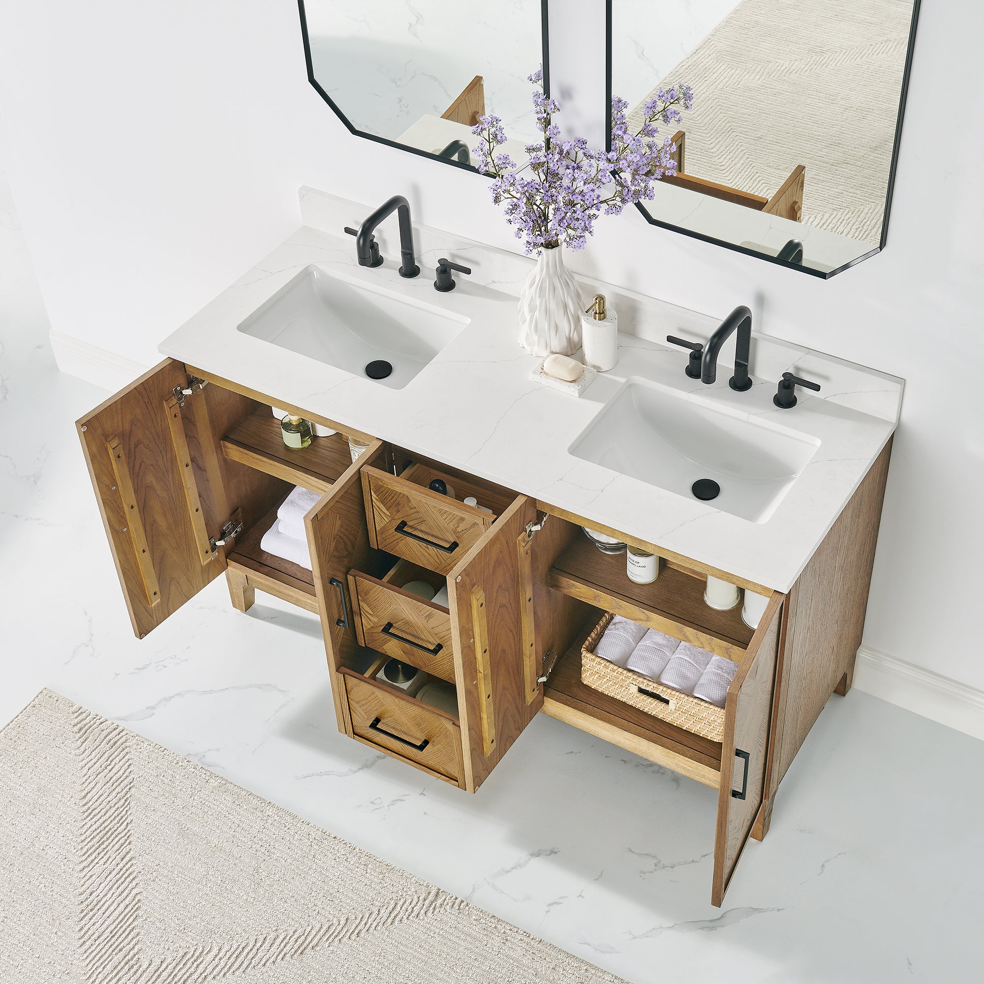 Clara Bathroom Vanity in Weathered Brown with Calacatta Truffle White Quartz Countertop No Mirror