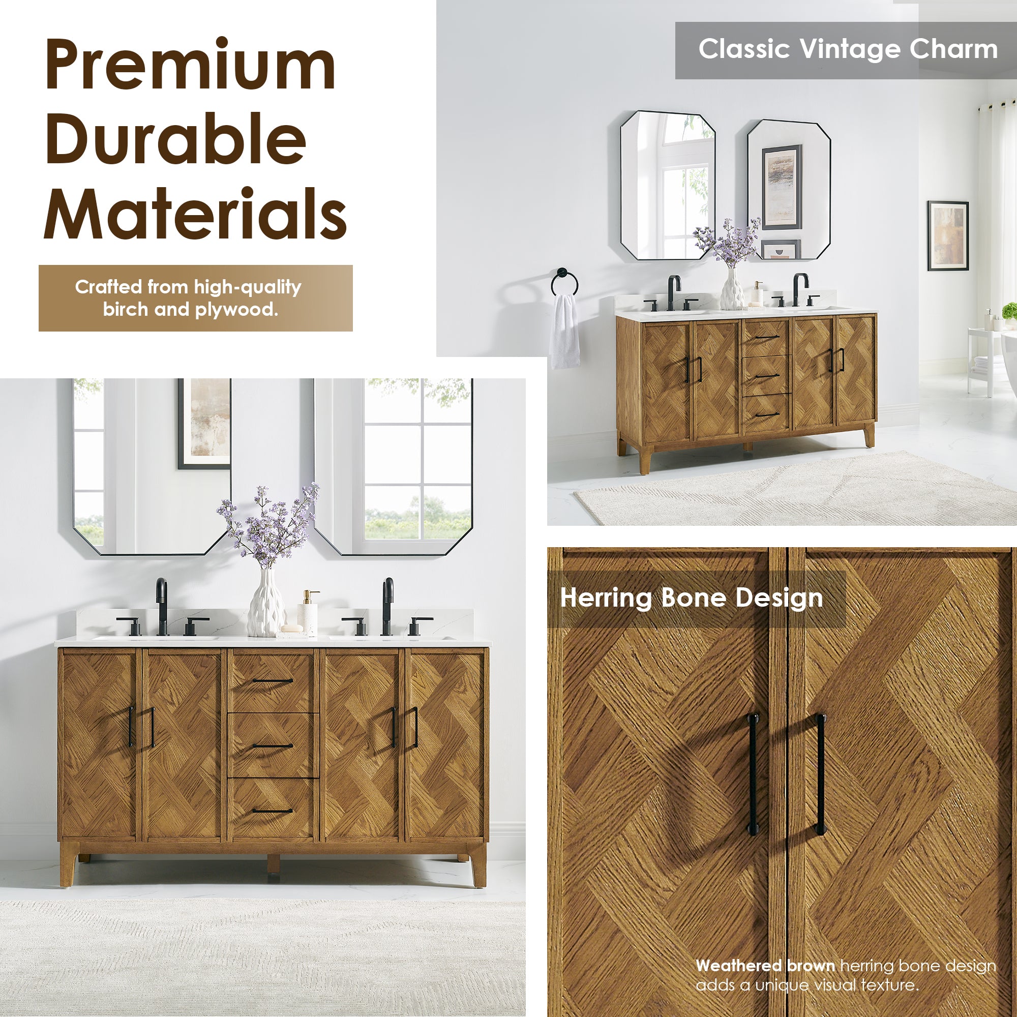 Clara Bathroom Vanity in Weathered Brown with Calacatta Truffle White Quartz Countertop No Mirror