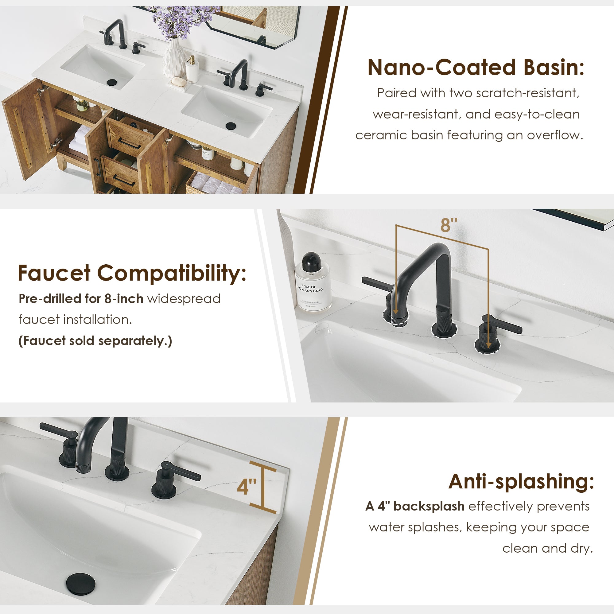 Clara Bathroom Vanity in Weathered Brown with Calacatta Truffle White Quartz Countertop No Mirror