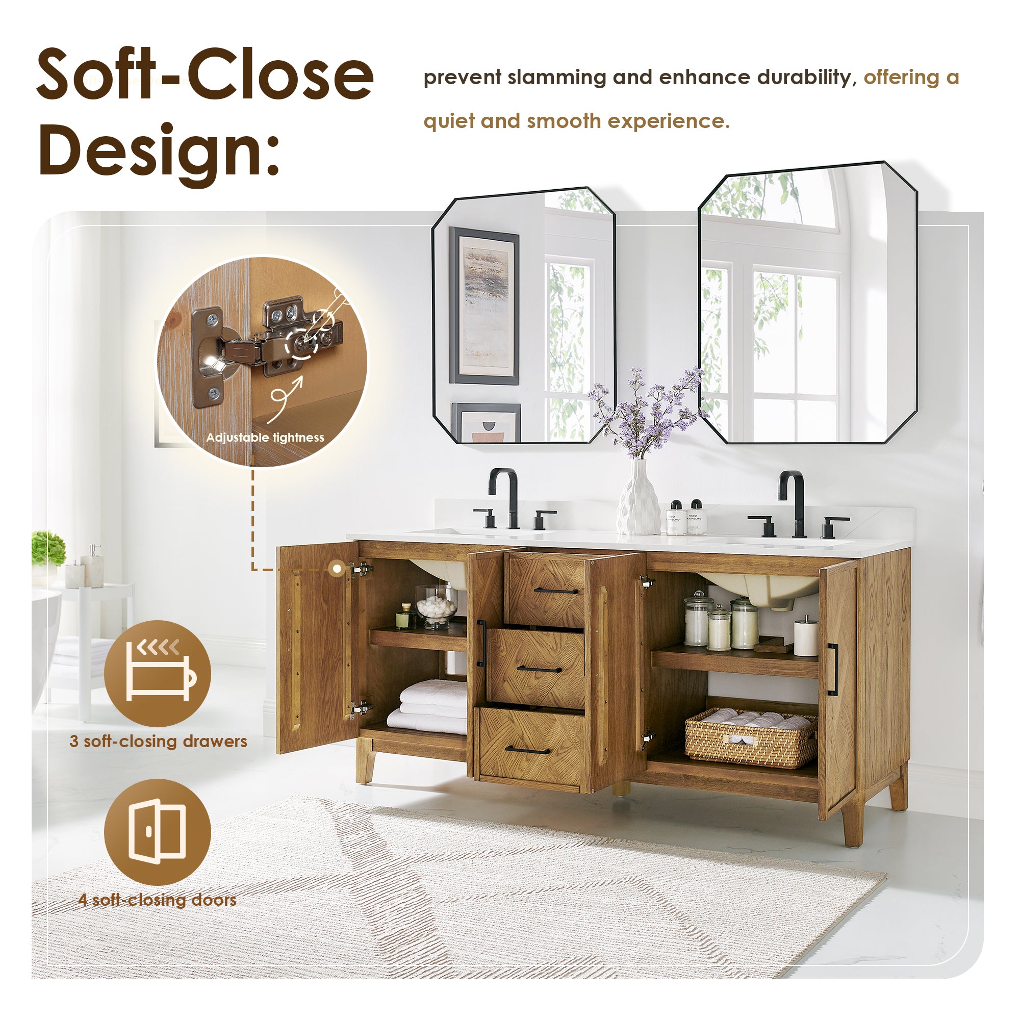 Clara Bathroom Vanity in Weathered Brown with Calacatta Truffle White Quartz Countertop No Mirror