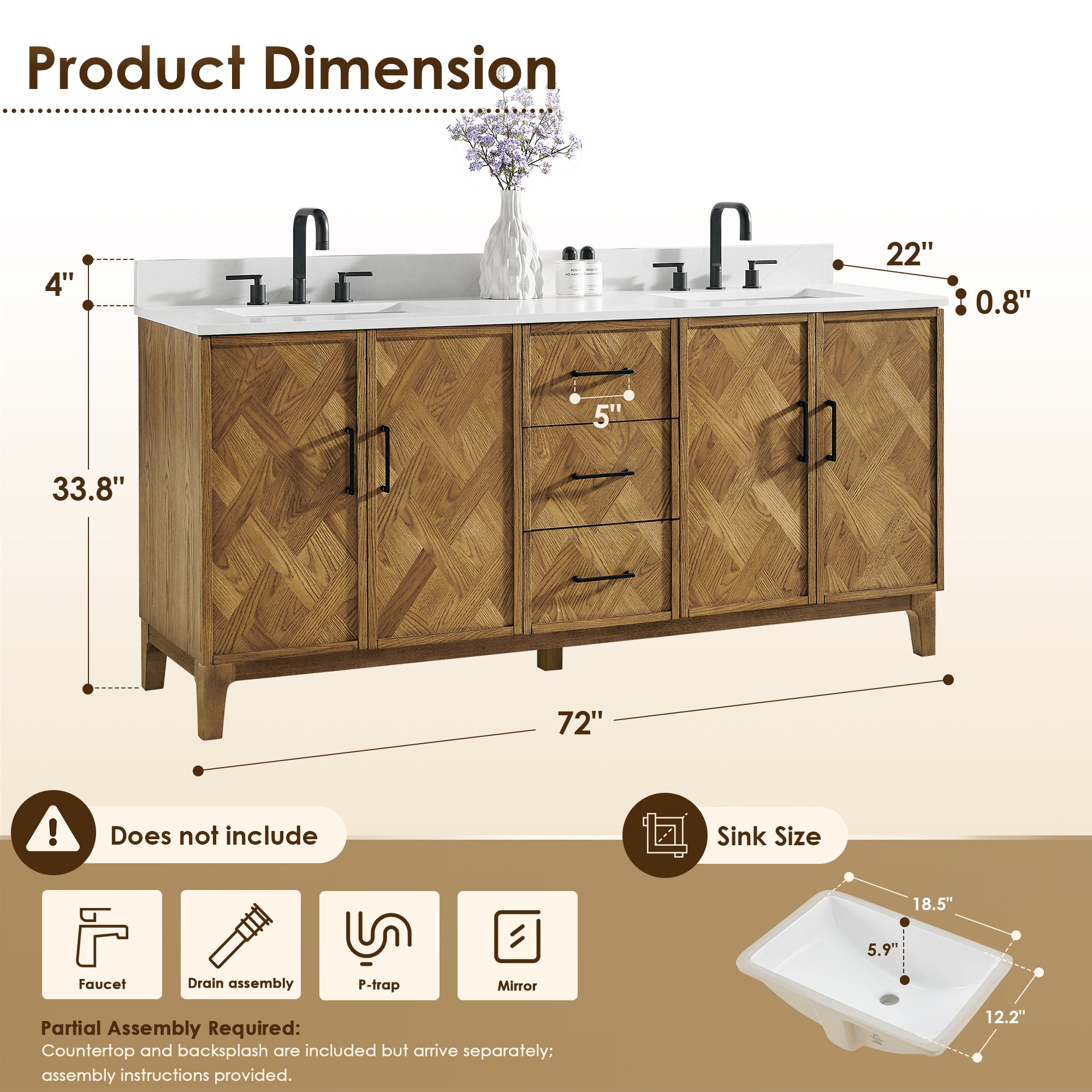 Clara Bathroom Vanity in Weathered Brown with Calacatta Truffle White Quartz Countertop No Mirror