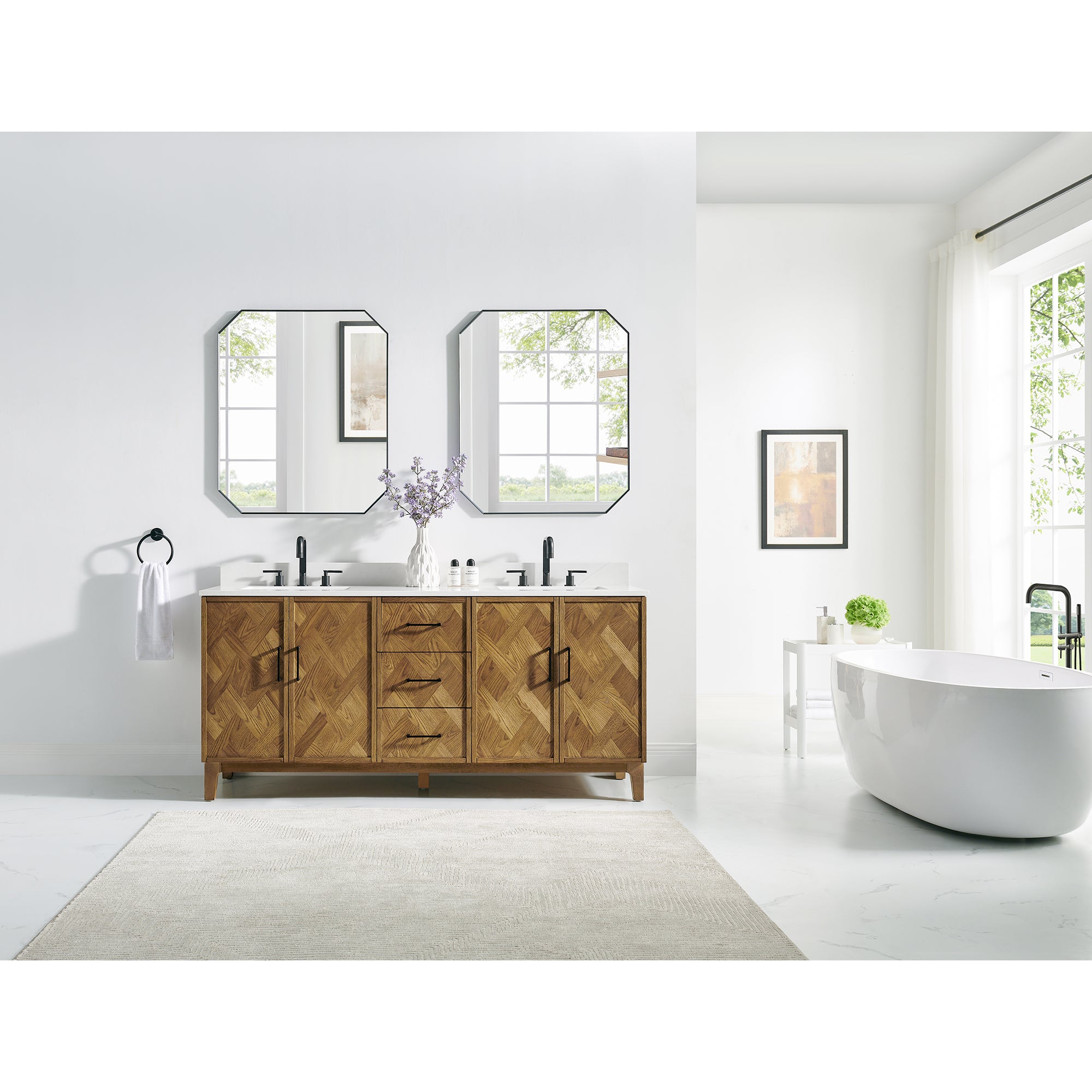 Clara Bathroom Vanity in Weathered Brown with Calacatta Truffle White Quartz Countertop No Mirror