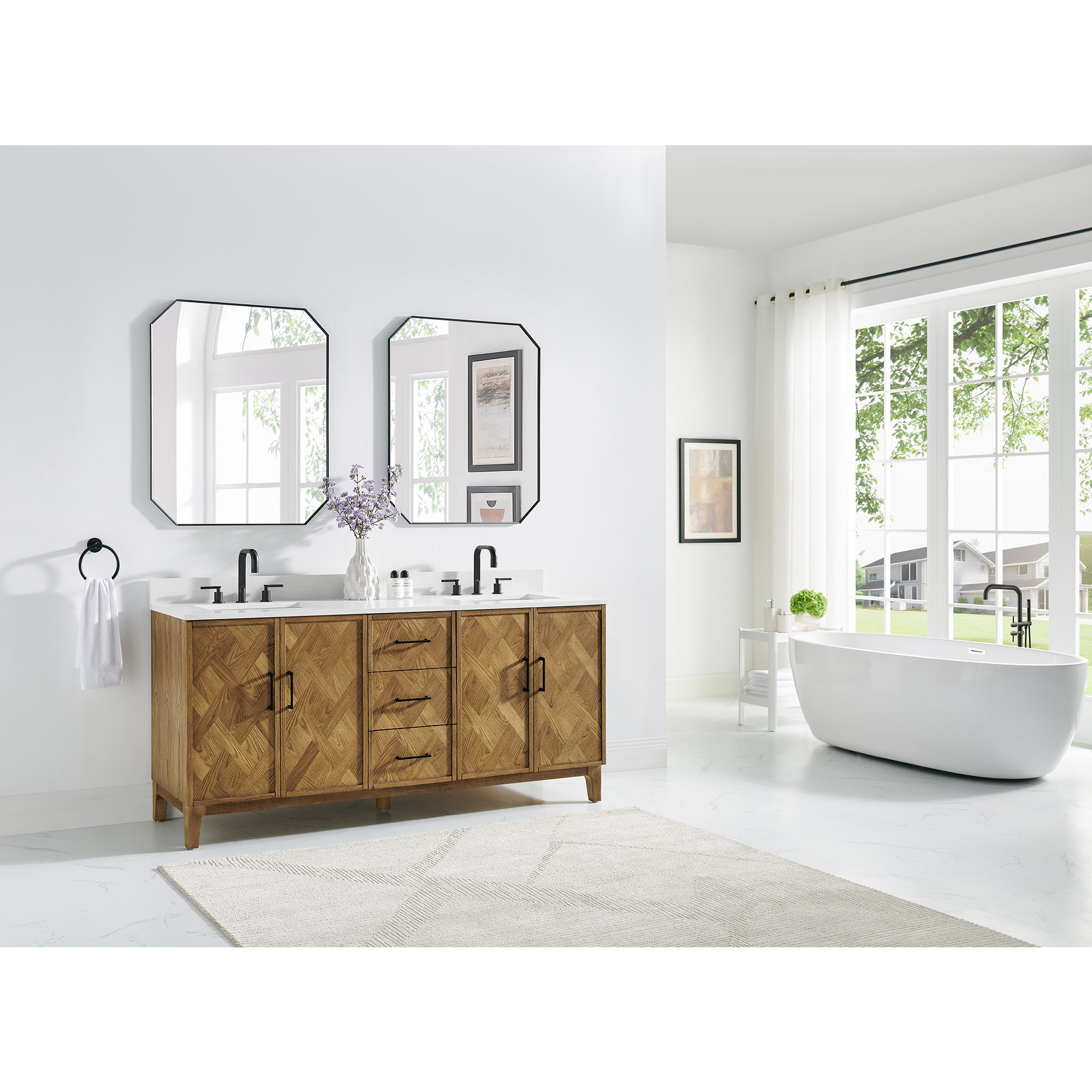 Clara Bathroom Vanity in Weathered Brown with Calacatta Truffle White Quartz Countertop No Mirror