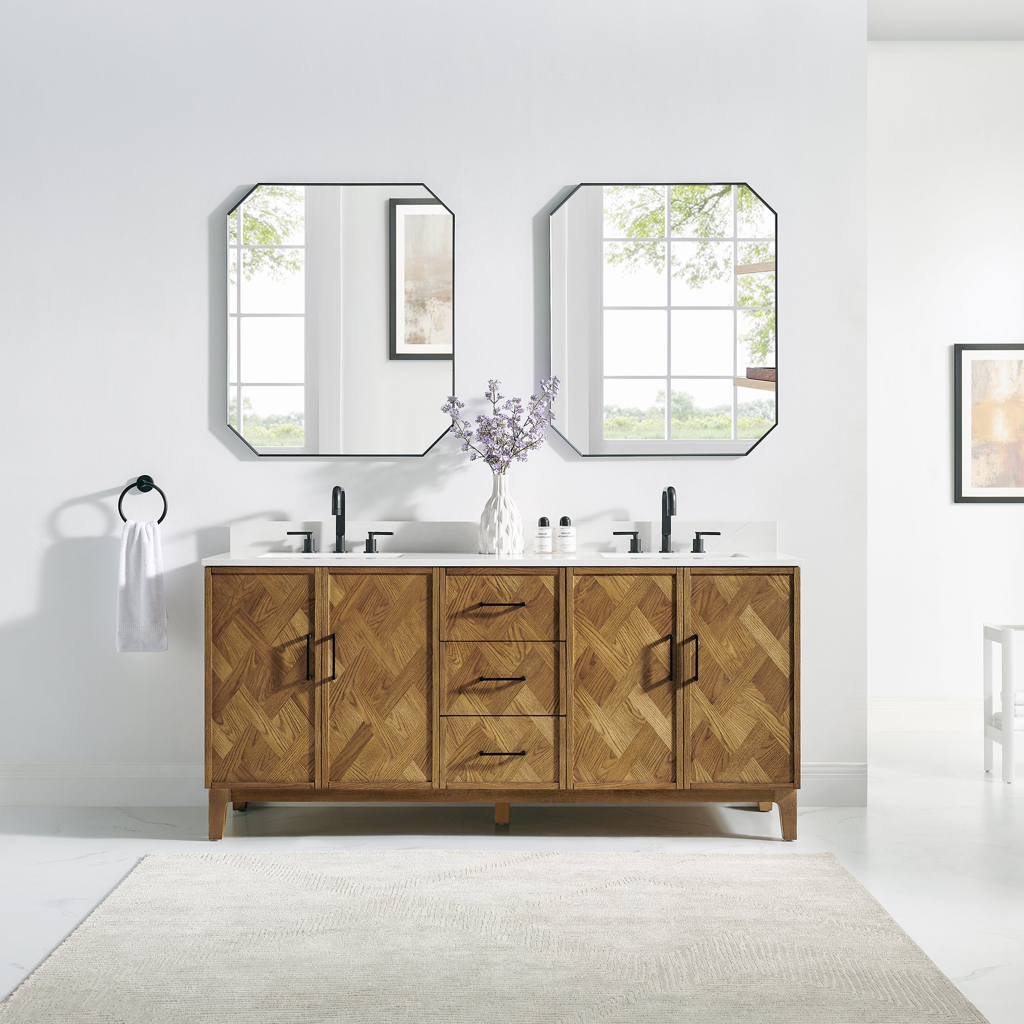 Clara Bathroom Vanity in Weathered Brown with Calacatta Truffle White Quartz Countertop No Mirror