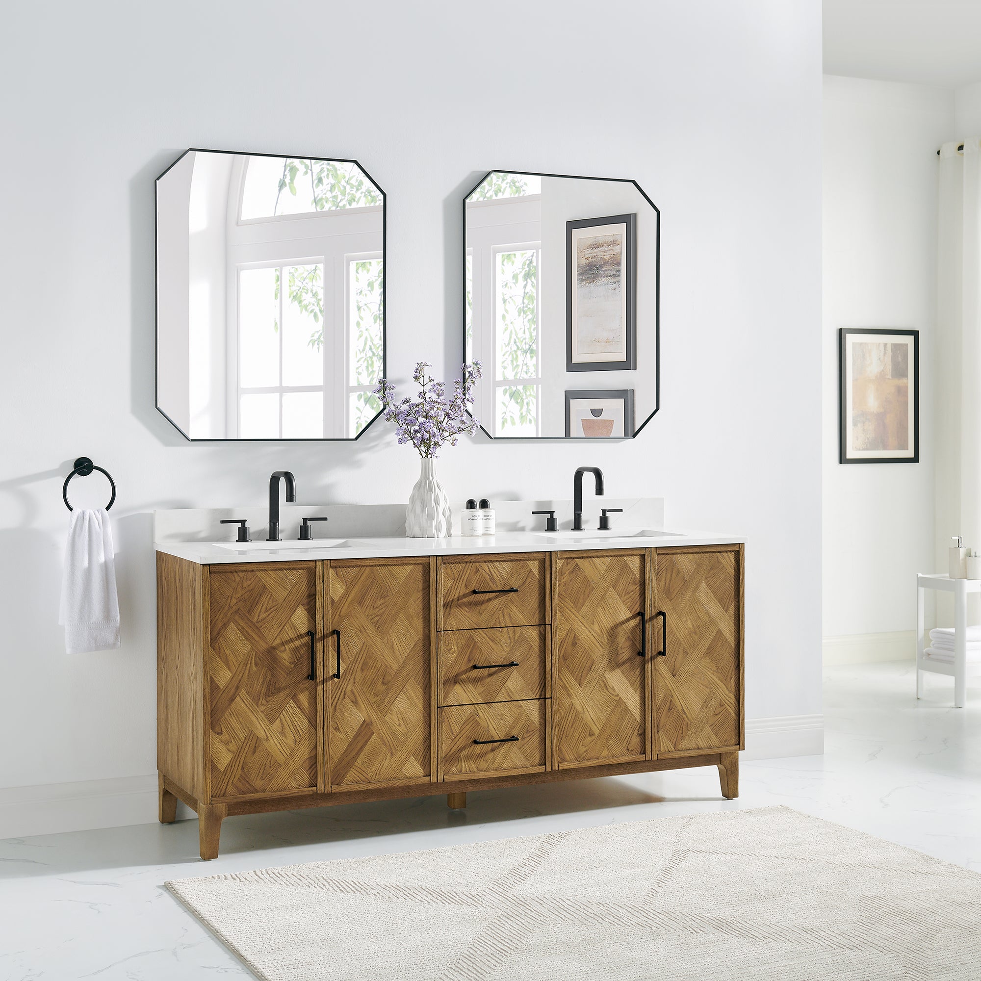 Clara Bathroom Vanity in Weathered Brown with Calacatta Truffle White Quartz Countertop No Mirror
