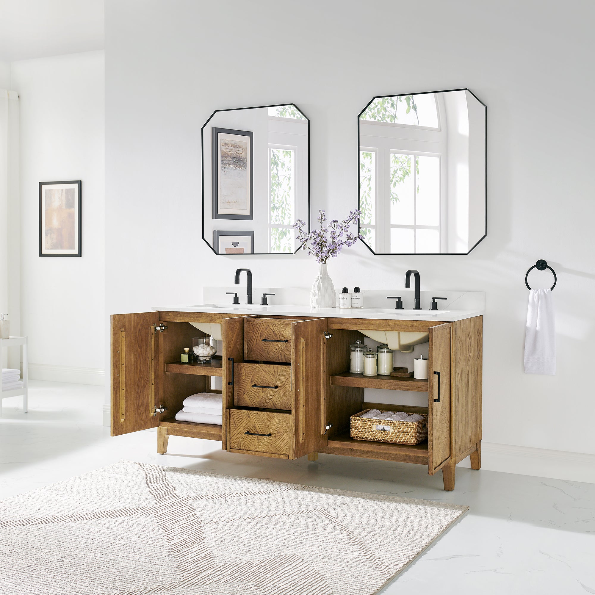 Clara Bathroom Vanity in Weathered Brown with Calacatta Truffle White Quartz Countertop No Mirror