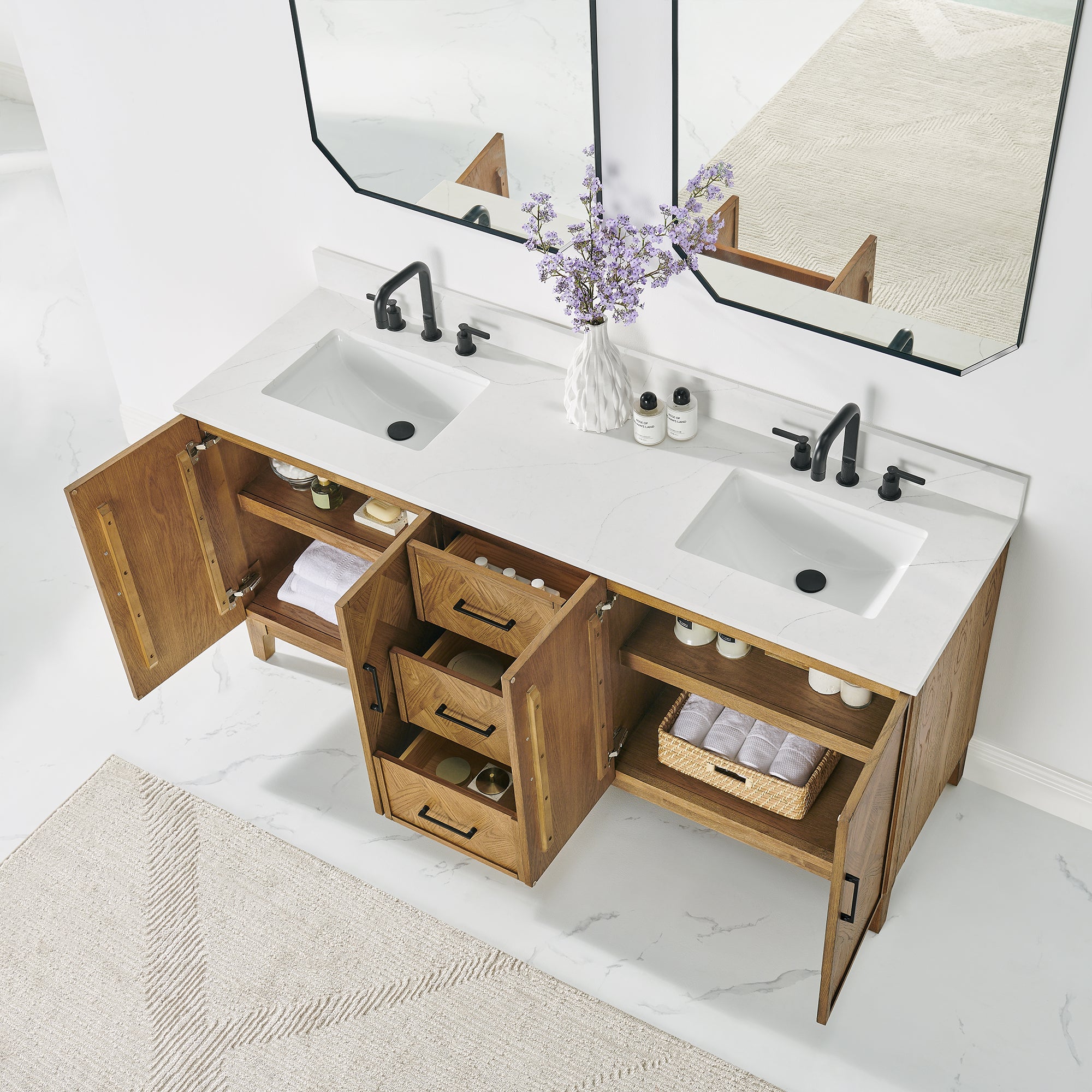 Clara Bathroom Vanity in Weathered Brown with Calacatta Truffle White Quartz Countertop No Mirror