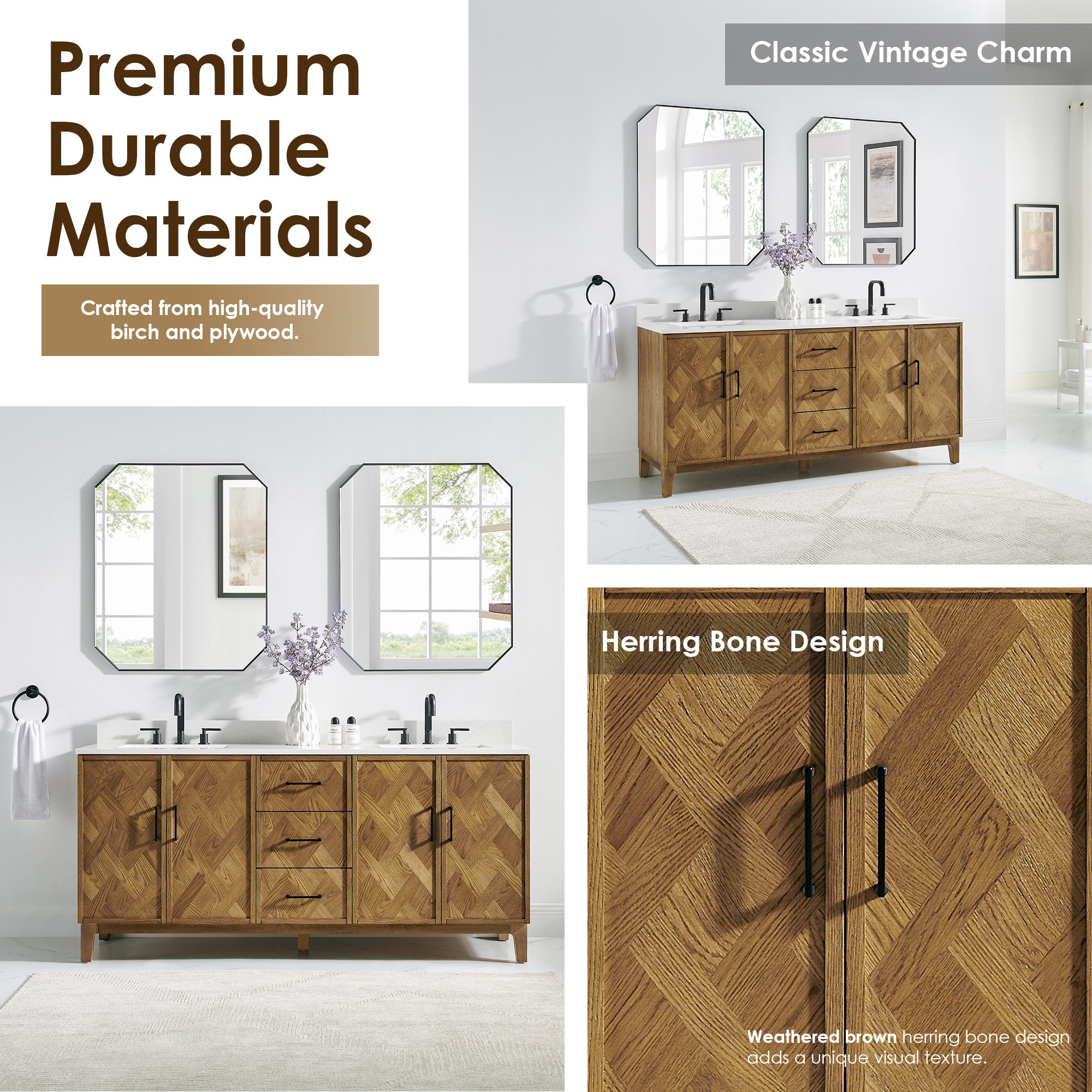 Clara Bathroom Vanity in Weathered Brown with Calacatta Truffle White Quartz Countertop No Mirror