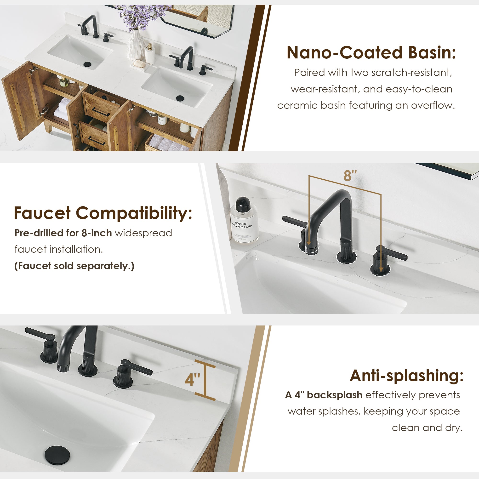 Clara Bathroom Vanity in Weathered Brown with Calacatta Truffle White Quartz Countertop No Mirror