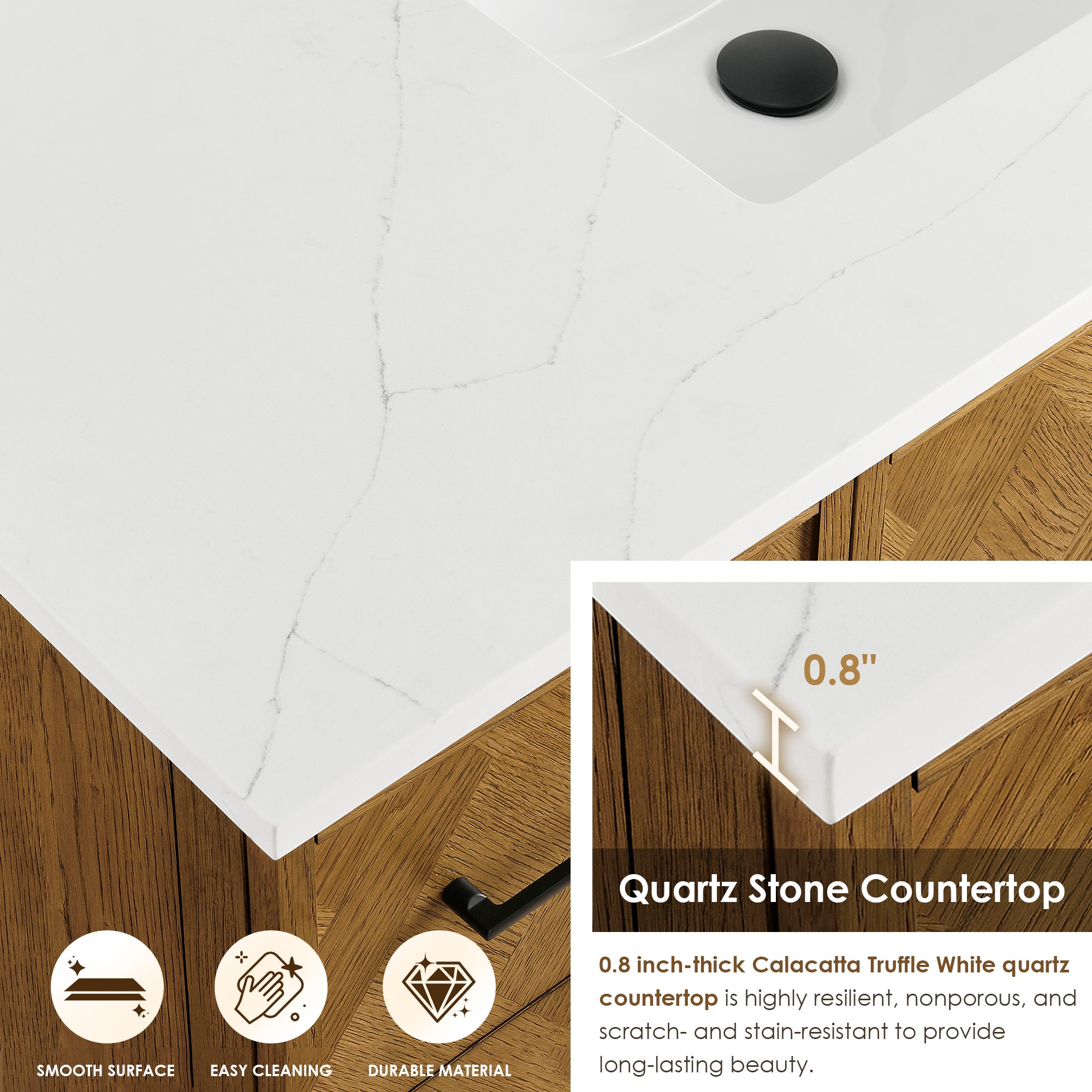 Clara Bathroom Vanity in Weathered Brown with Calacatta Truffle White Quartz Countertop No Mirror