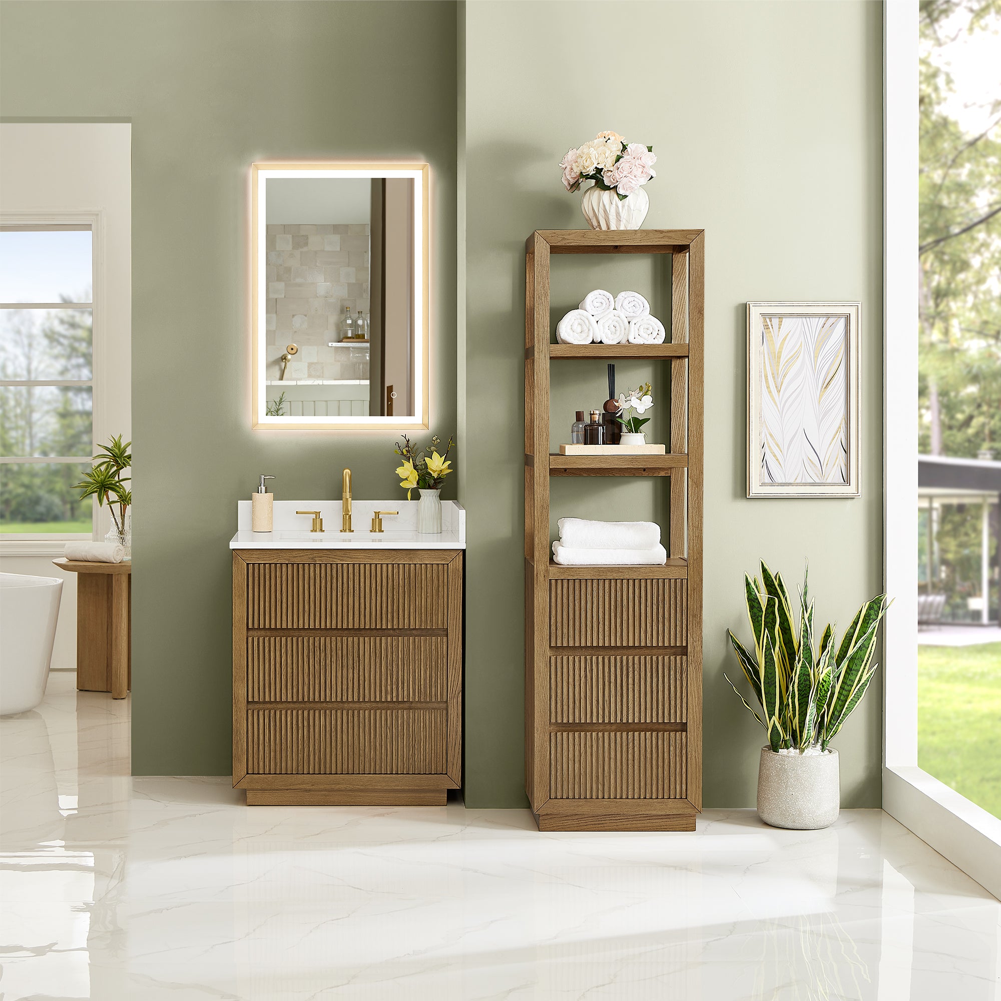 Navan Bathroom Vanity in Weathered Brown with Grain White Engineered Stone Countertop No Mirror