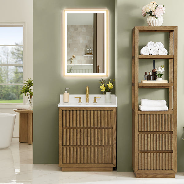 Navan Bathroom Vanity in Weathered Brown with Grain White Engineered Stone Countertop No Mirror