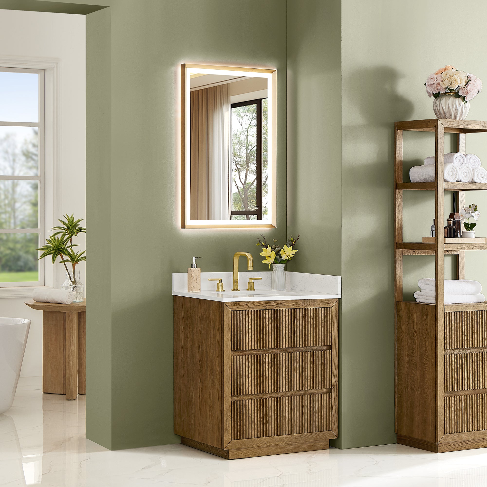 Navan Bathroom Vanity in Weathered Brown with Grain White Engineered Stone Countertop No Mirror