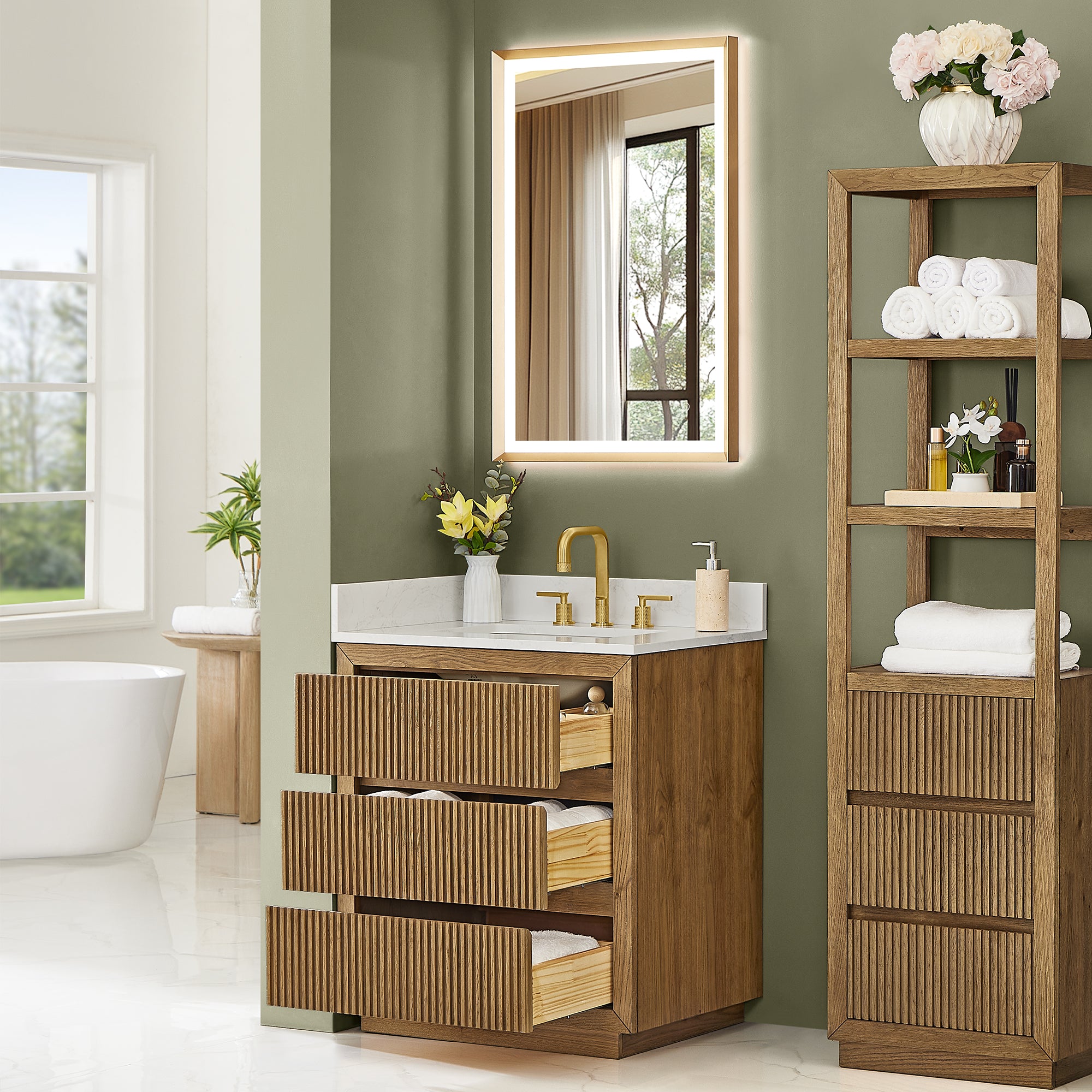Navan Bathroom Vanity in Weathered Brown with Grain White Engineered Stone Countertop No Mirror