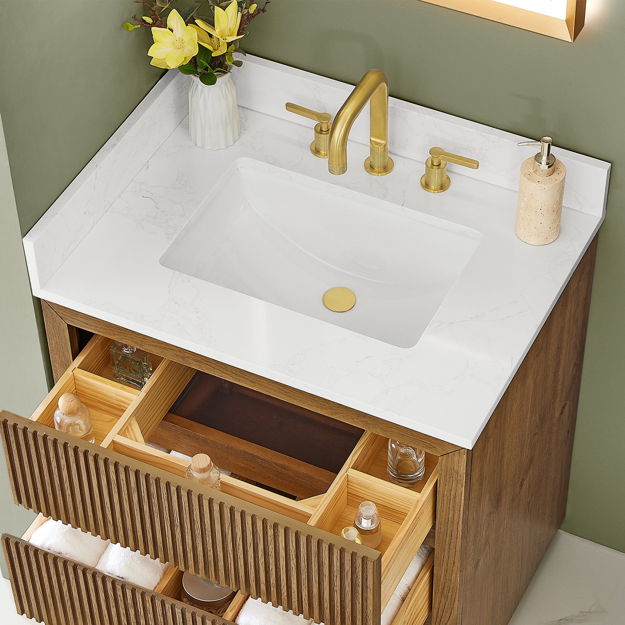 Navan Bathroom Vanity in Weathered Brown with Grain White Engineered Stone Countertop No Mirror