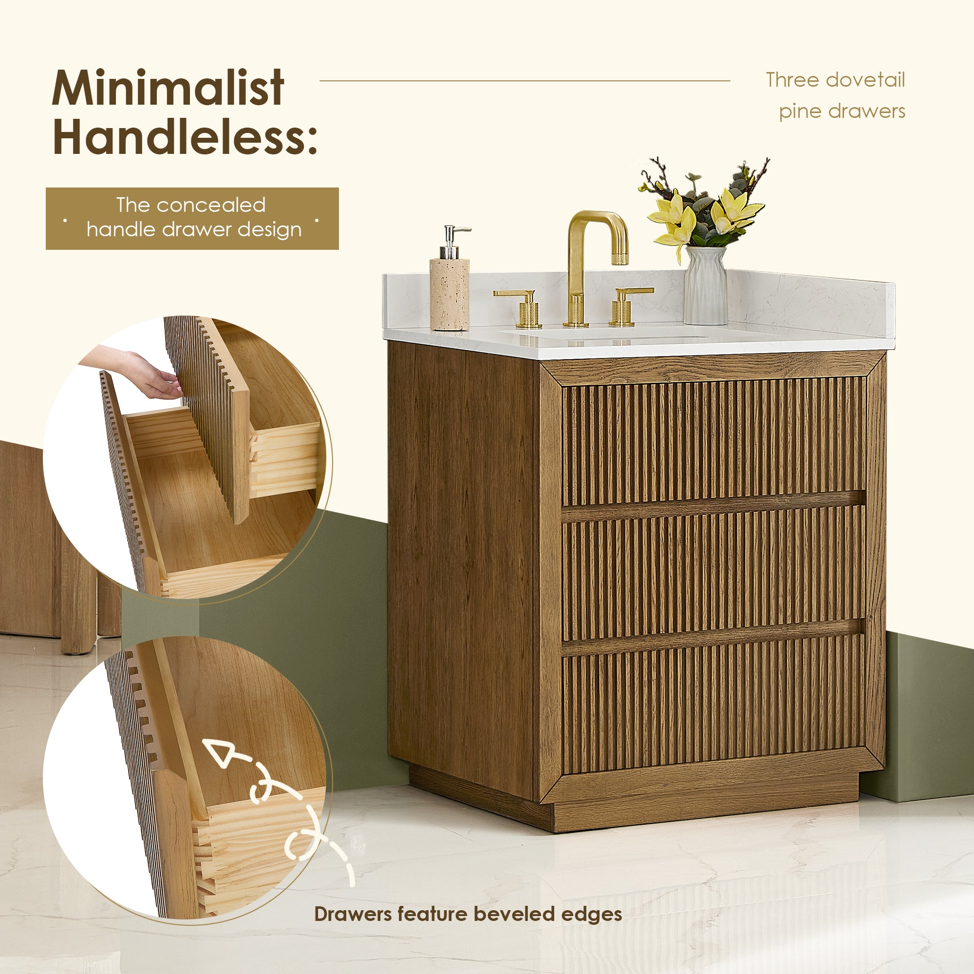 Navan Bathroom Vanity in Weathered Brown with Grain White Engineered Stone Countertop No Mirror